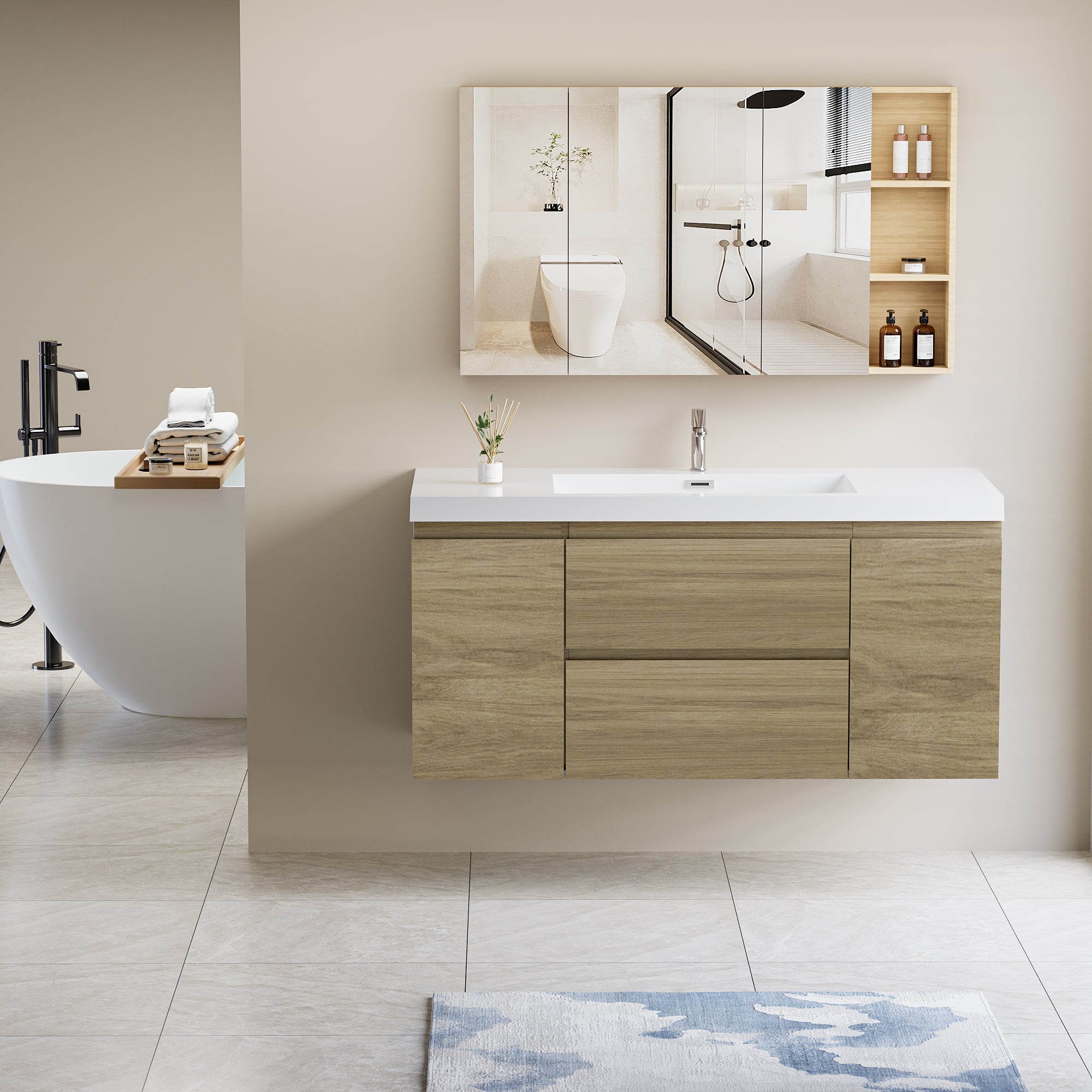 48" Floating Bathroom Vanity with Sink, Modern Wall-Mounted Bathroom Storage Vanity Cabinet with Resin Top Basin and Soft Close Drawers, Natural Oak 24V11-48NO