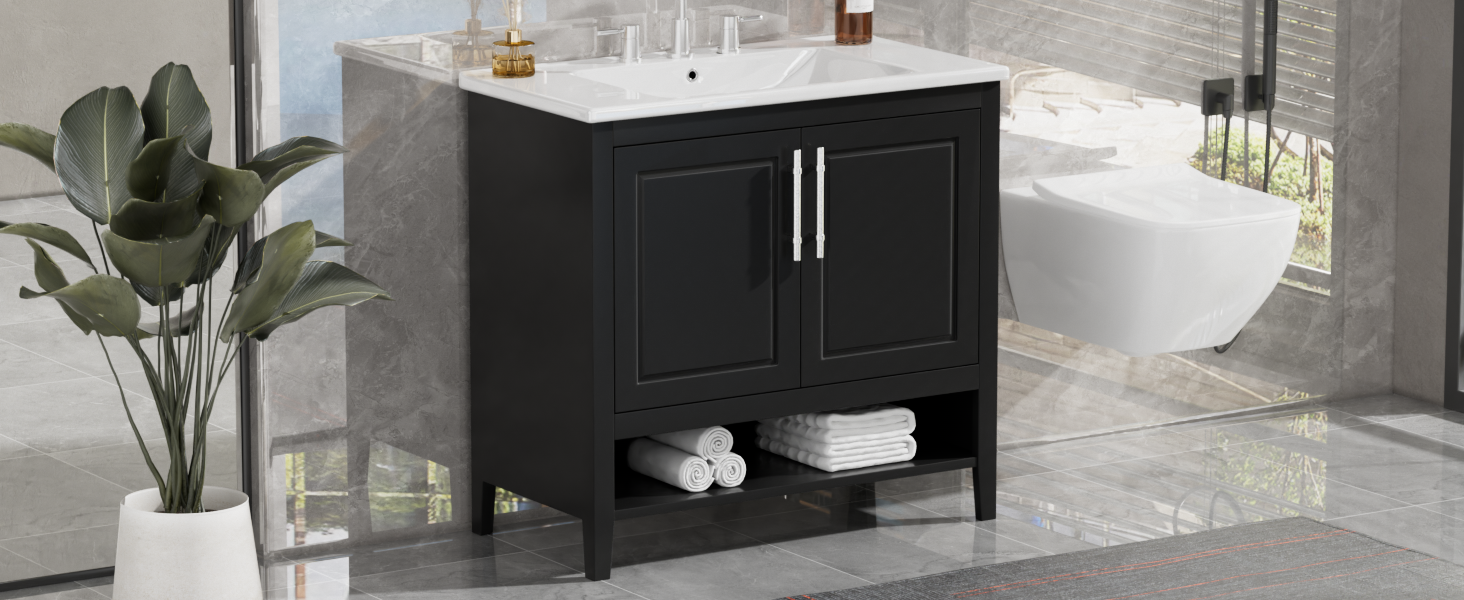 36" Bathroom Vanity with Sink, Multi-functional Bathroom Cabinet with Doors and Drawers, MDF Frame and MDF Board, Black