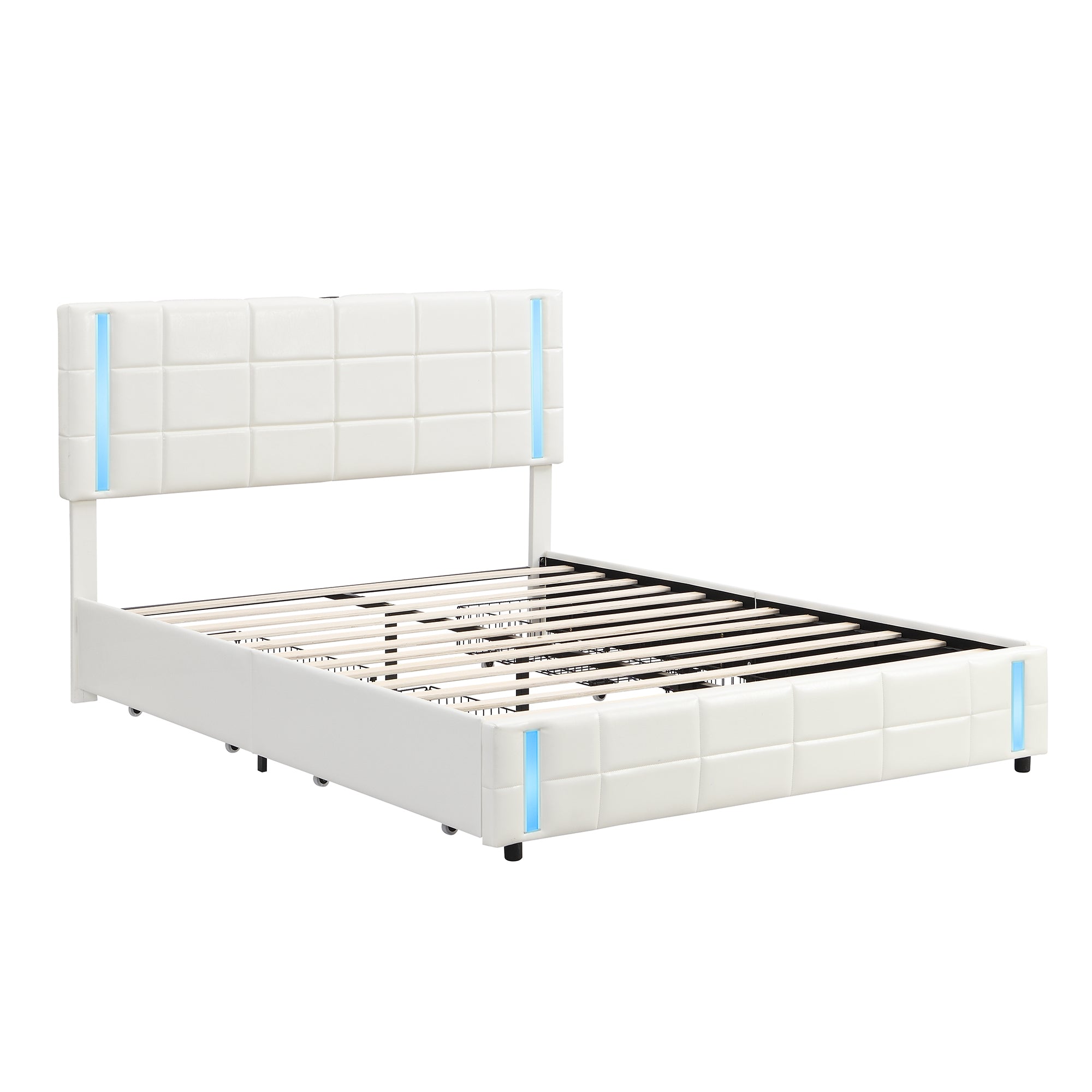 Queen Size Upholstered Platform Bed with LED Lights and USB Charging, Storage Bed with 4 Drawers, White