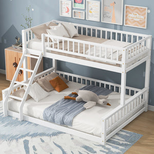 Twin XL over Queen white bunk bed with ladder and guardrails, full view