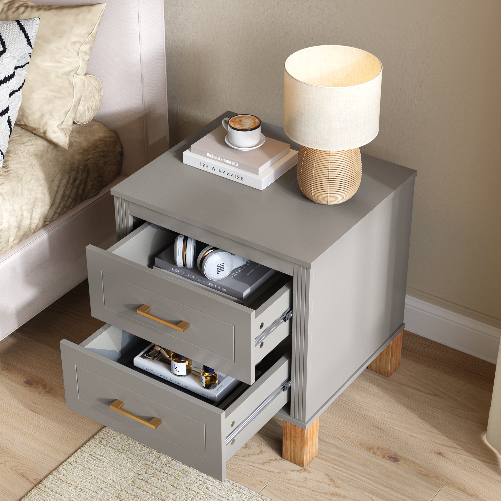 Gray fluted nightstand with drawers open showing storage