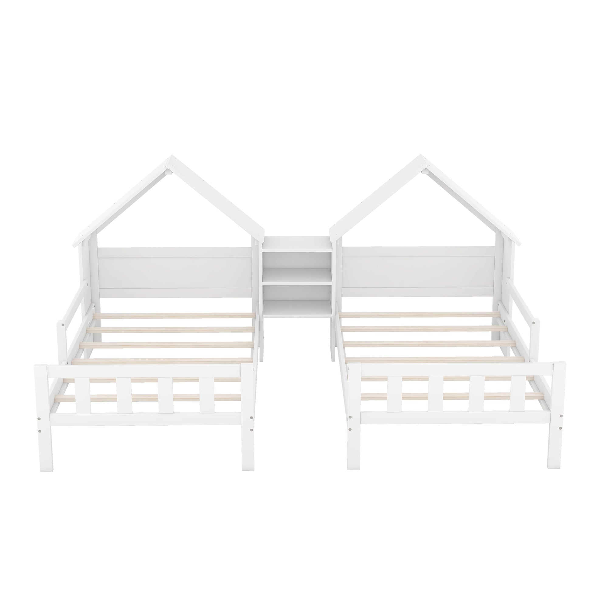 Double Twin Size Platform Bed with House-shaped Headboard and a Built-in Nightstand, White