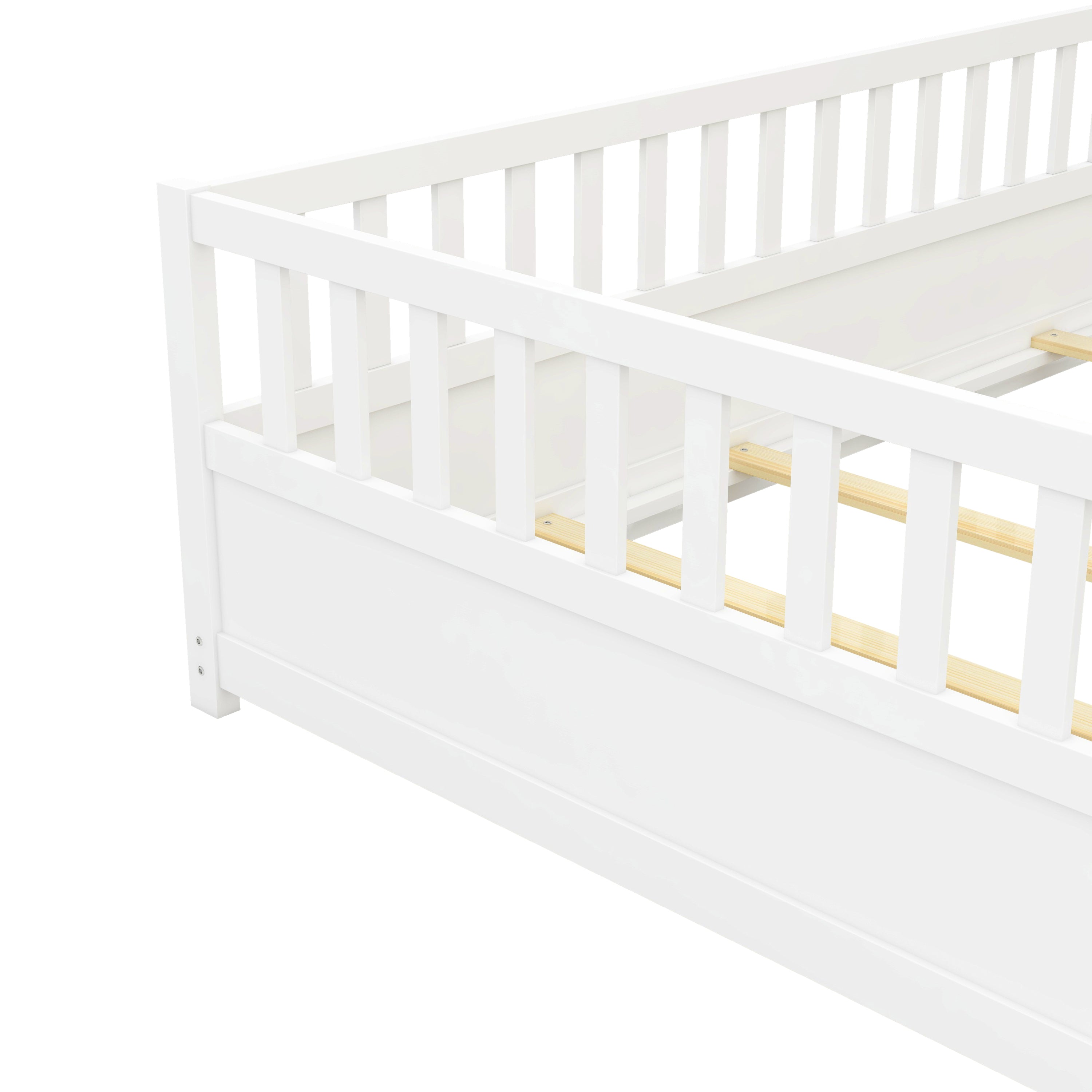 Full size  Floor bed, integral construction with super high security barrier, door, children's floor bed frame, Montessori wooden children's floor bed, Support slat white