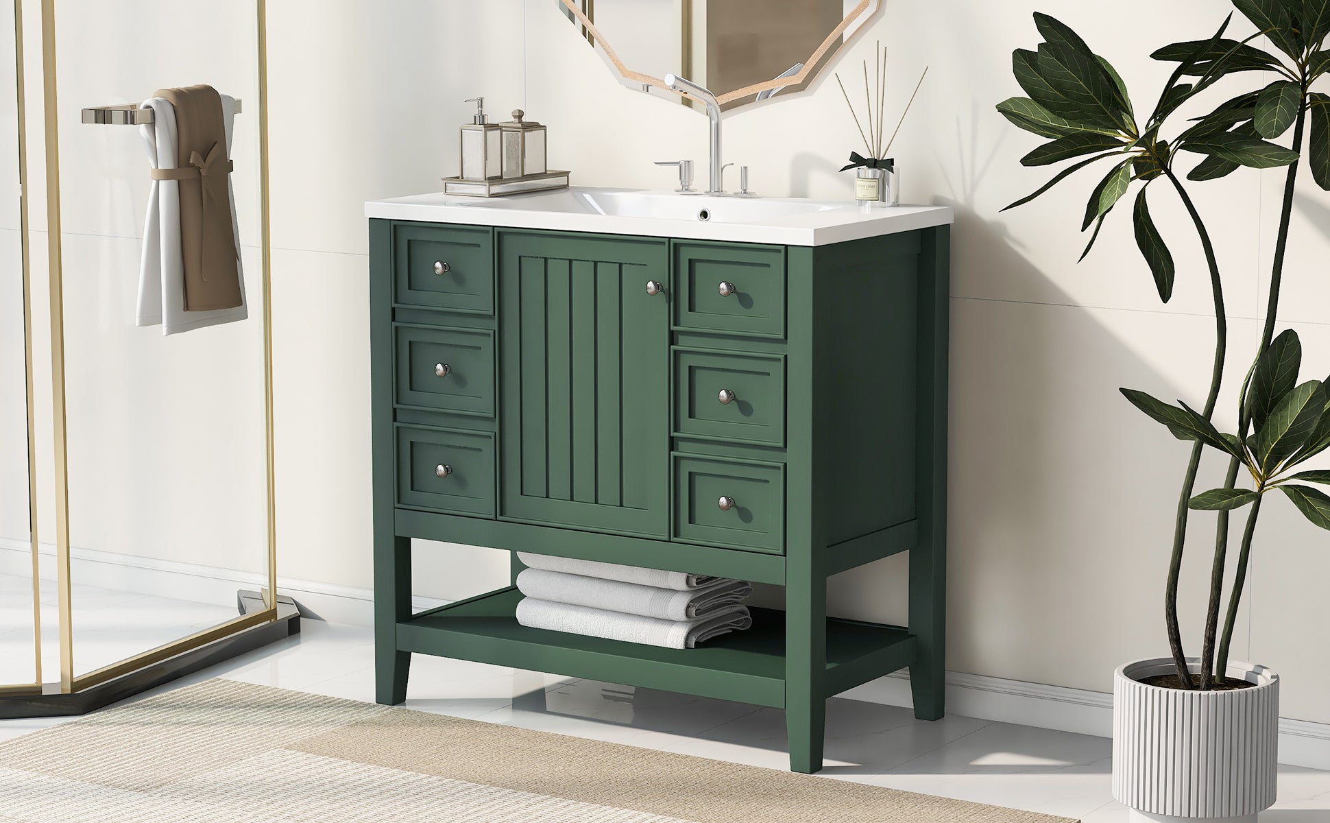 36" Bathroom Vanity with Sink Combo, One Cabinet and Three Drawers, Solid Wood and MDF Board, Green