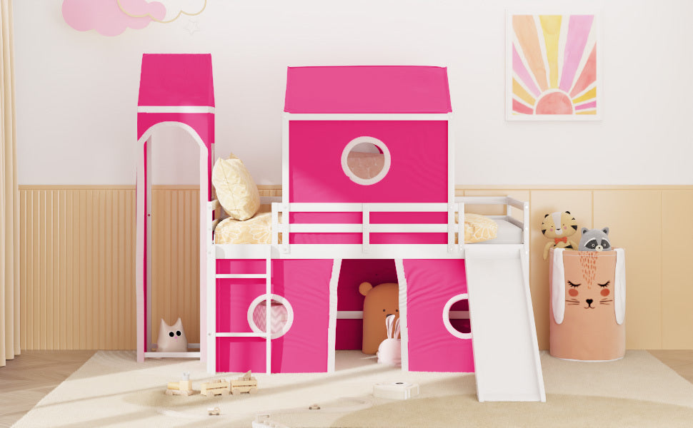 Twin Size Loft  Bed with Slide Pink Tent and Tower - Pink (OLD SKU:WF298769AAH)