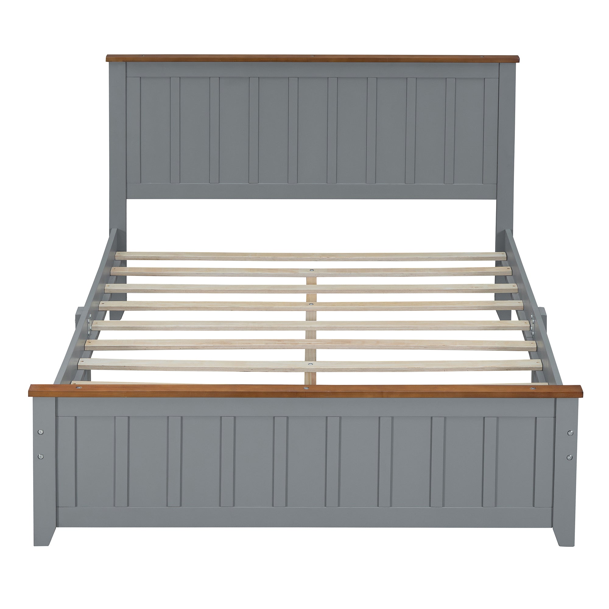 Full Size Wood Platform Bed Wooden Slat Support, Vintage Simple Bed Frame with Rectangular Headboard and Footboard, Grey