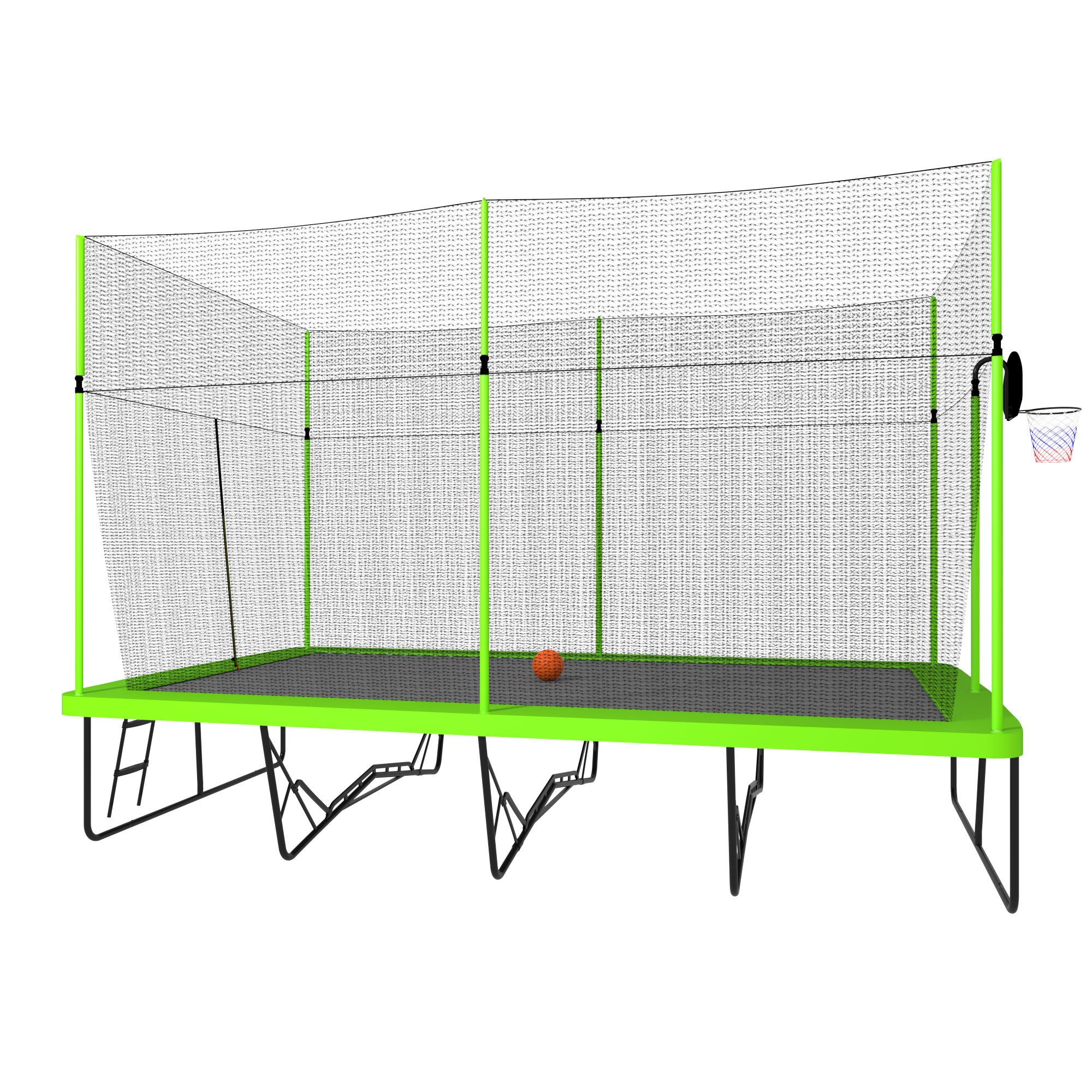 10ft by 17ft Rectangule Trampoline with Green Fabric Black Powder-coated Galvanized Steel Tubes with Basketball Hoop System Advanced Ladder