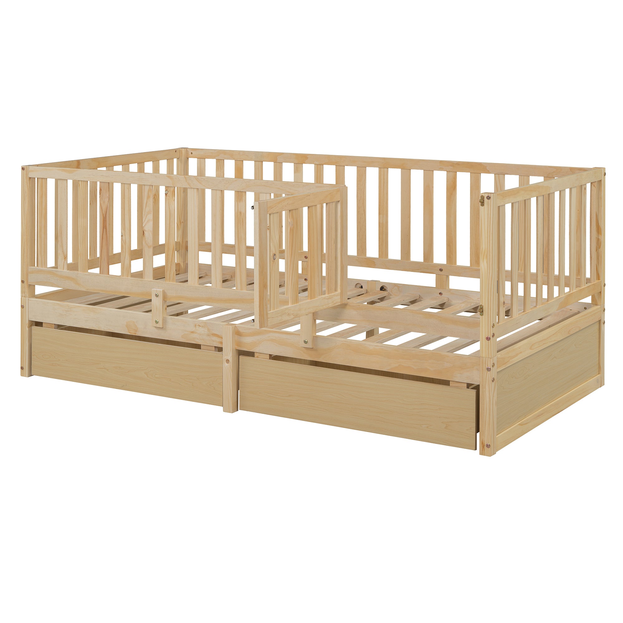 Twin Size Wood Daybed with Fence Guardrails and 2 Drawers, Split into Independent Floor Bed & Daybed, Natural(OLD SKU :LP000881AAN)