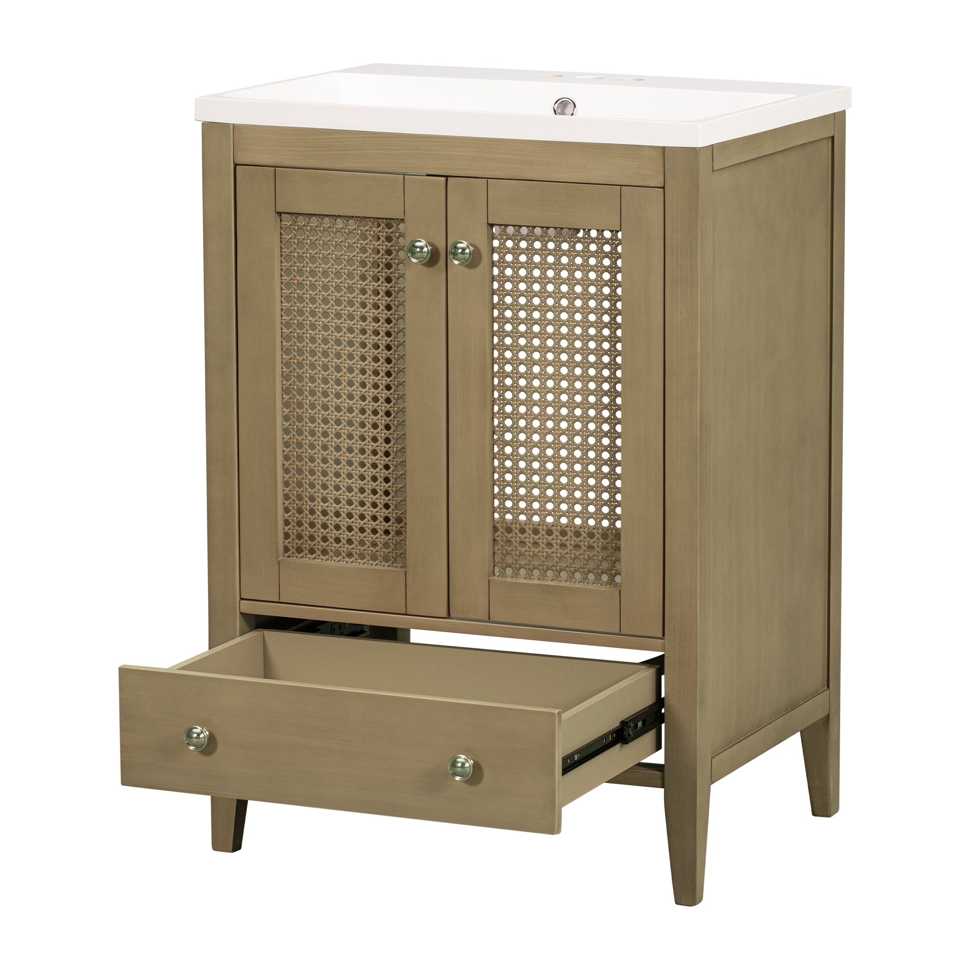 24" Bathroom Vanity with Ceramic Basin, Rattan Bathroom Storage Cabinet with Two Doors and Drawer, Solid Frame, Natural (OLD SKU: JL000008AAD)