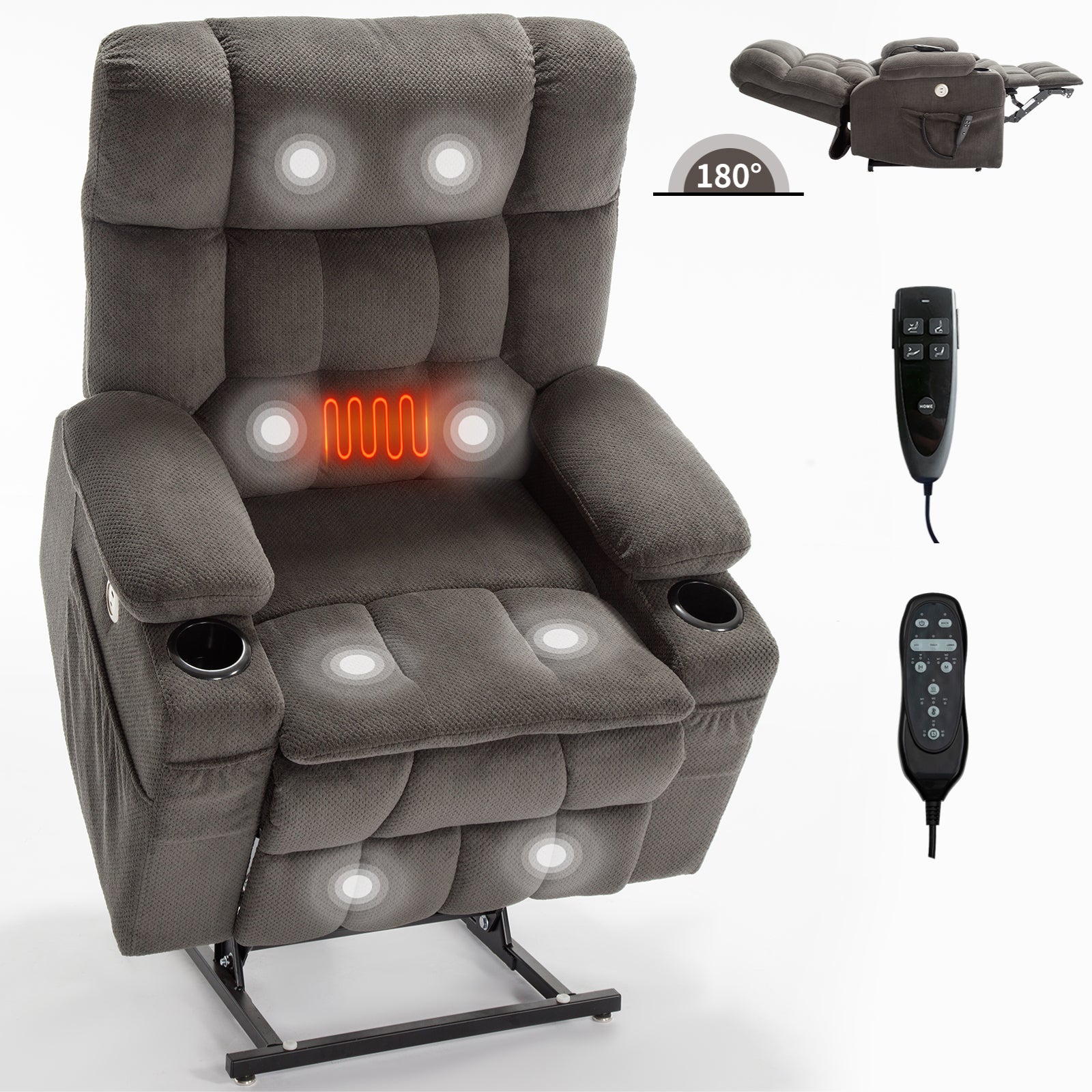 Brown Dual Motor Infinite Position Up to 350 LBS Chenille Power Lift Recliner Chair, Heavy Duty Motion Mechanism with 8-Point Vibration Massage and Lumbar Heating, Dual Cup Holders