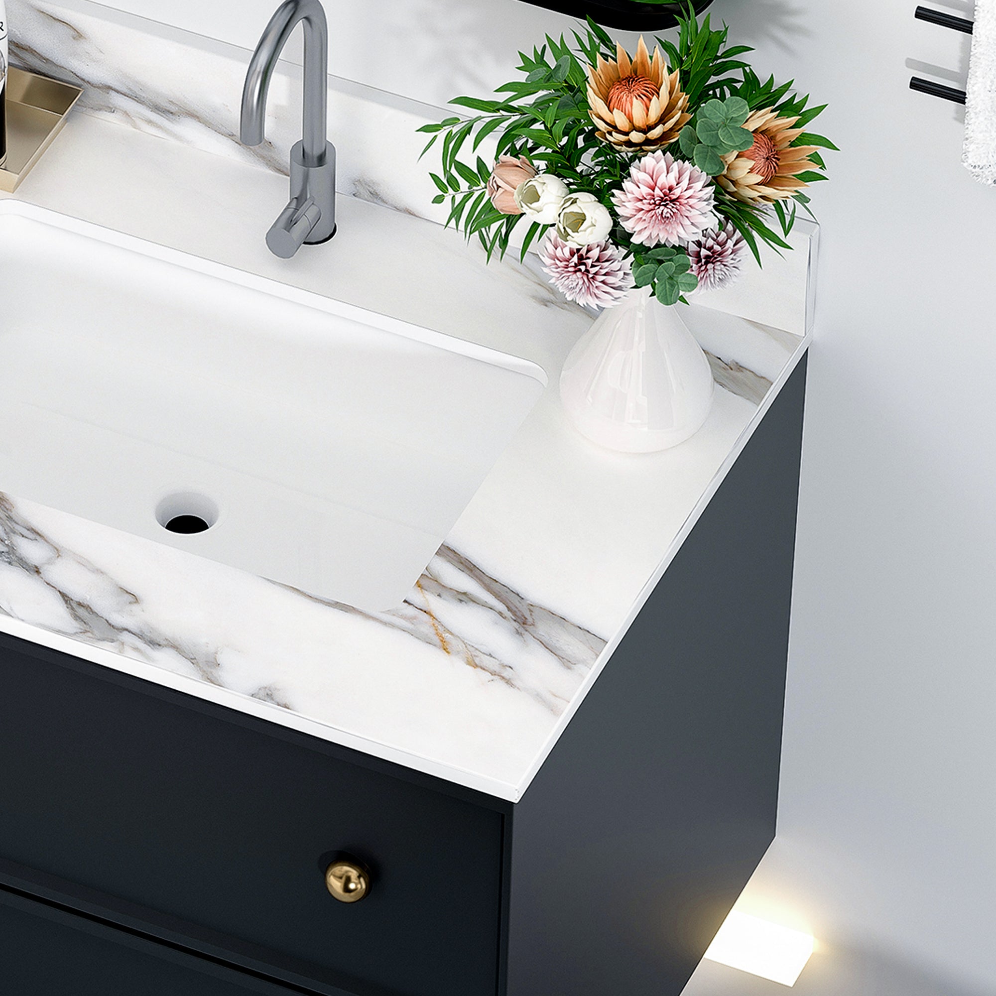 31 Inch Marble Vanity Top, Bathroom Vanity Top with Undermount Rectangular Middle Sink and 4" Height Backsplash, Pre-Drilled Faucet Hole  Vanity Top, Carrara white with veins