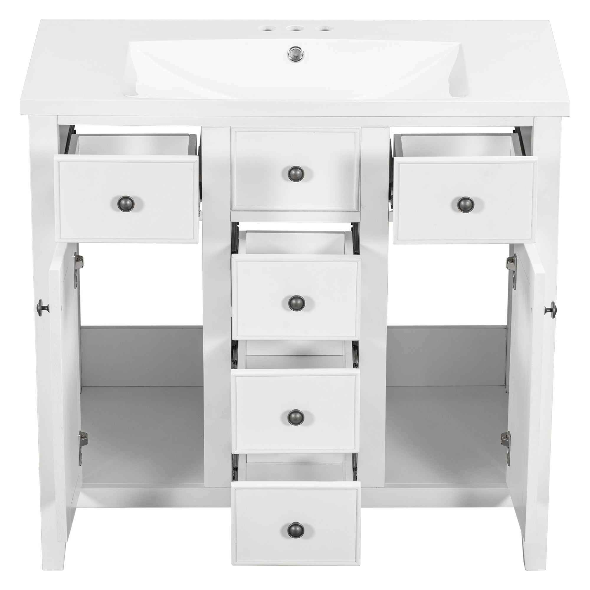 36" Bathroom Vanity with Ceramic Basin, Two Cabinets and Five Drawers, Solid Wood Frame, White (OLD SKU: SY999202AAK-1)