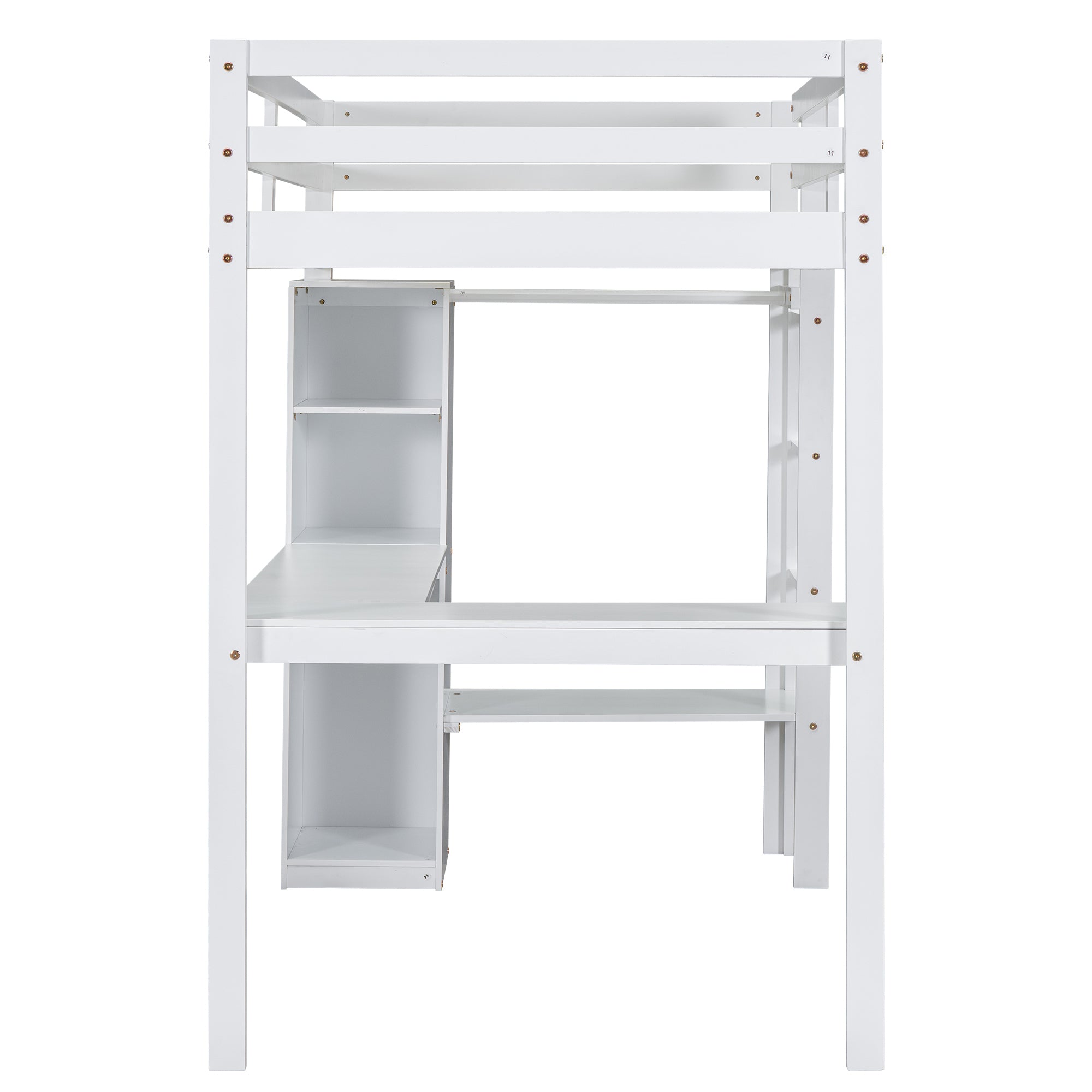 Twin Size Loft Bed with L-shaped Desk, Wardrobe and Storage Shelves, White