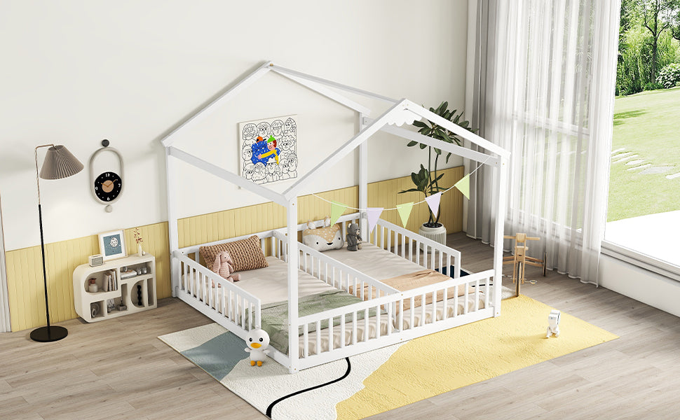 Double Twin House-Style Floor Bed with Fence, Guardrails, without door, White