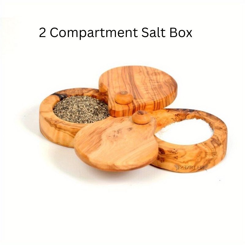 2 Compartment Salt Box Double Salt Keeper, Handmade From Olive Wood