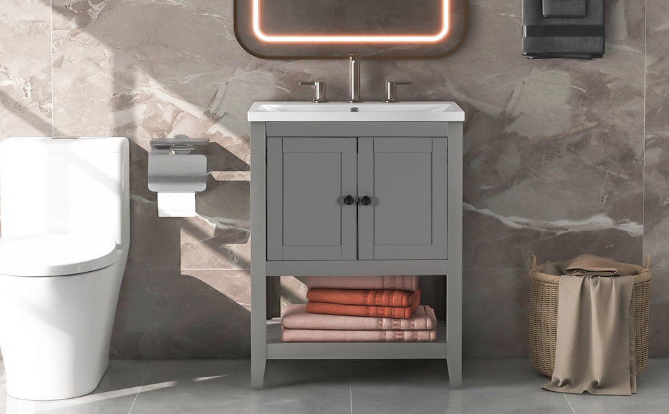 [VIDEO] 24" Grey Modern Sleek Bathroom Vanity Elegant Ceramic Sink with Solid Wood Frame Open Style Shelf (OLD SKU: JL000004AAE)