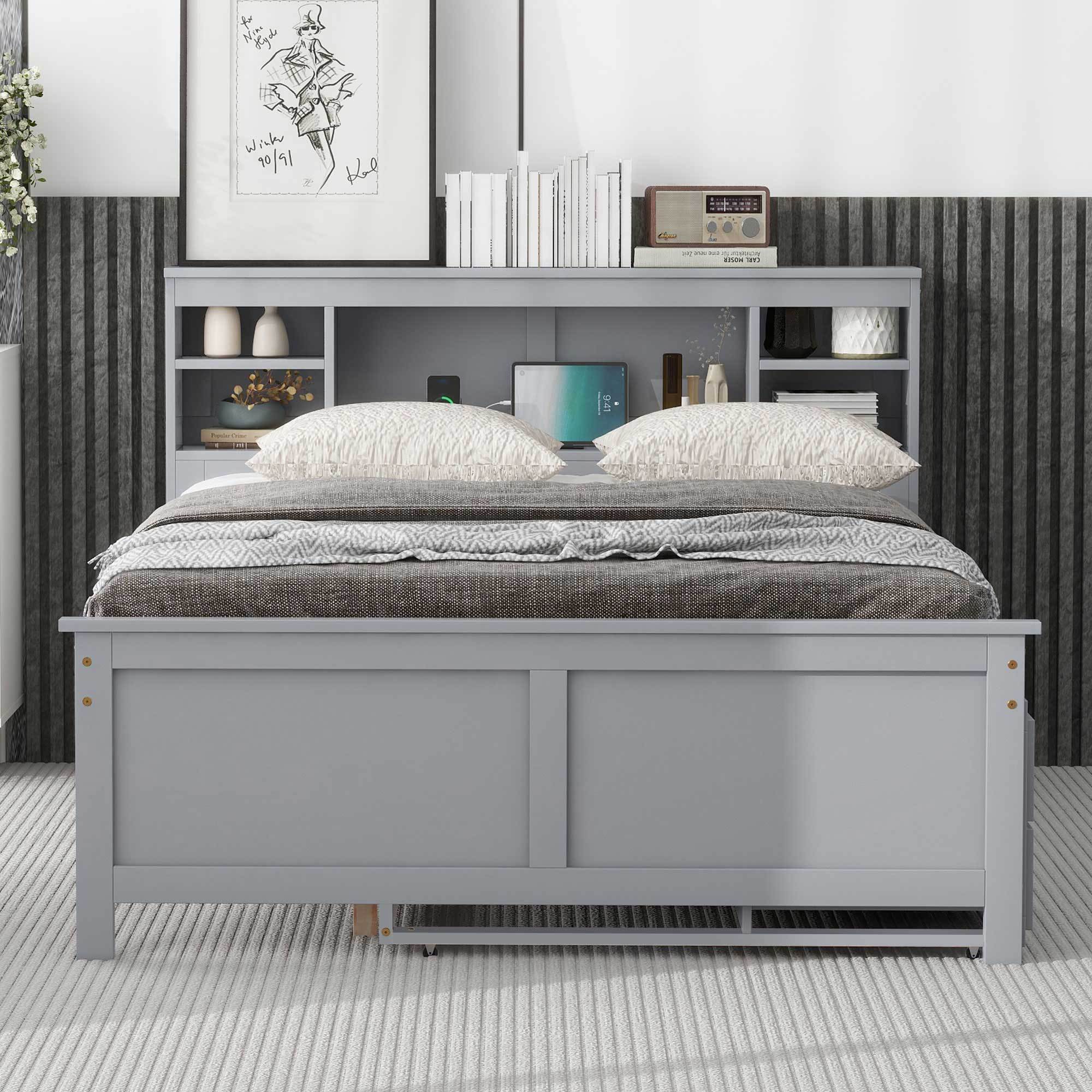 Full Size Platform Bed with Storage Headboard, USB, Twin Size Trundle and 3 Drawers, Gray