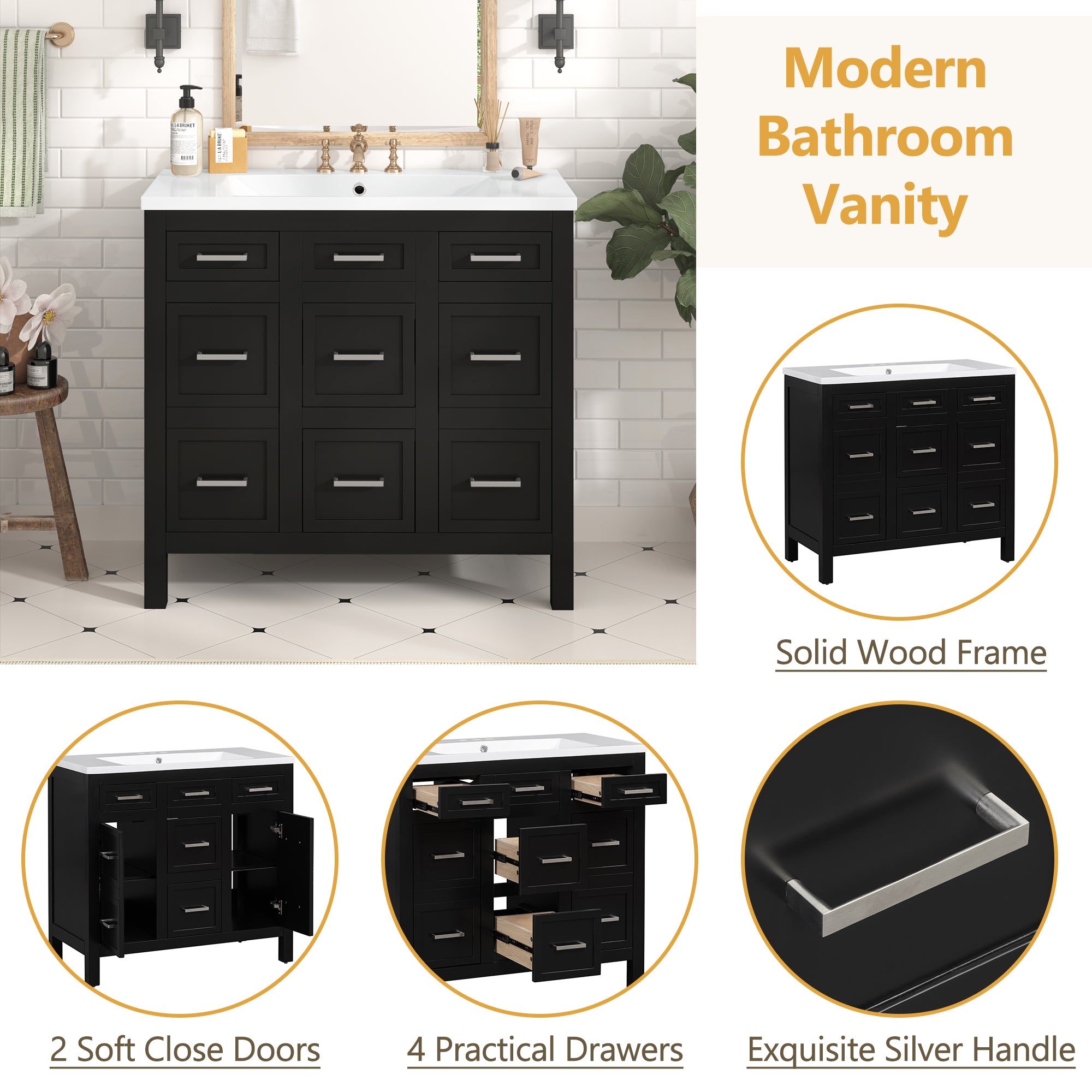 36" Bathroom Vanity Cabinet with Resin Integrated Sink - 4 Drawers, 2 Doors