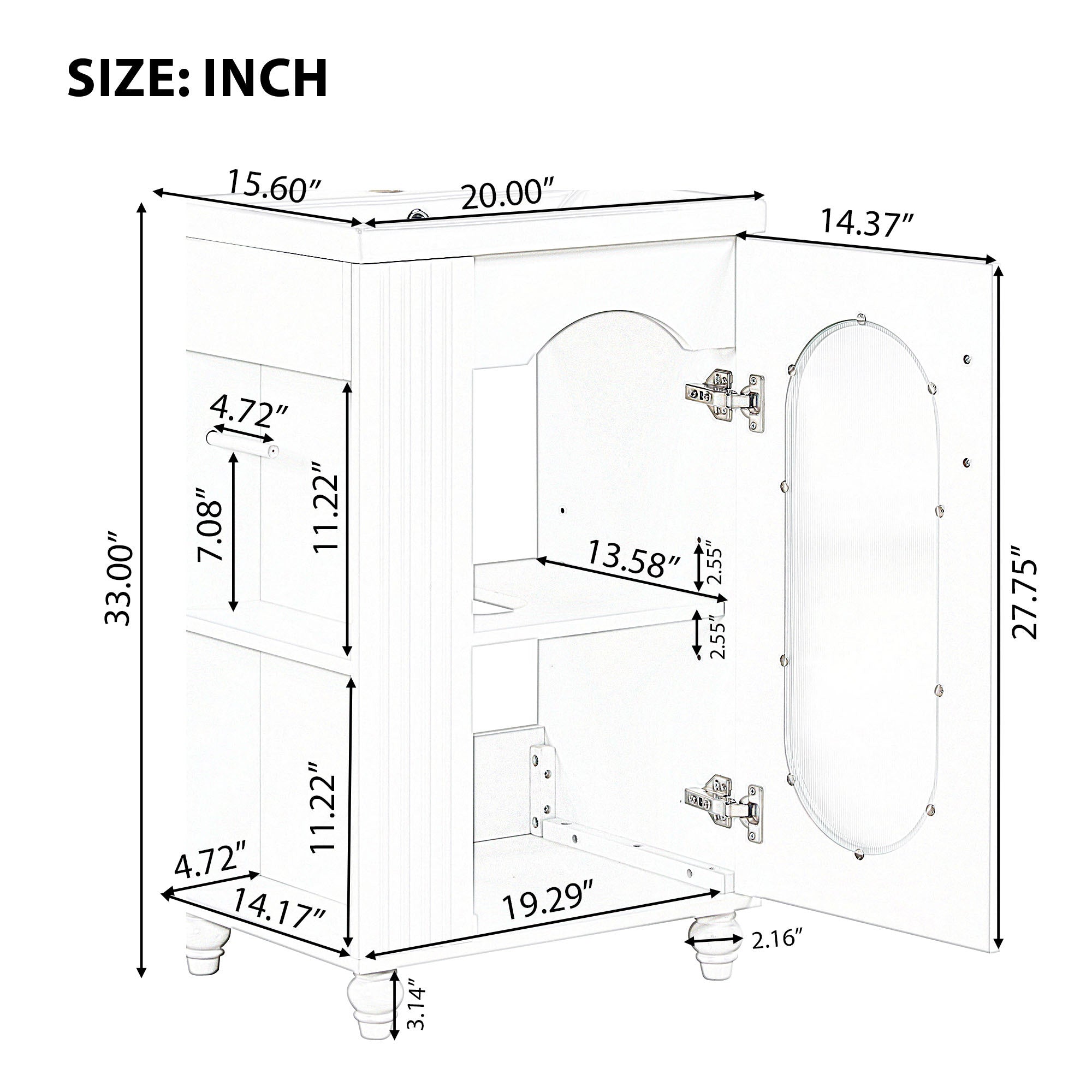 20" Bathroom Vanity with Sink, Bathroom Vanity Cabinet with Two-tier Shelf, Adjustable Shelf, Solid Wood and MDF, White