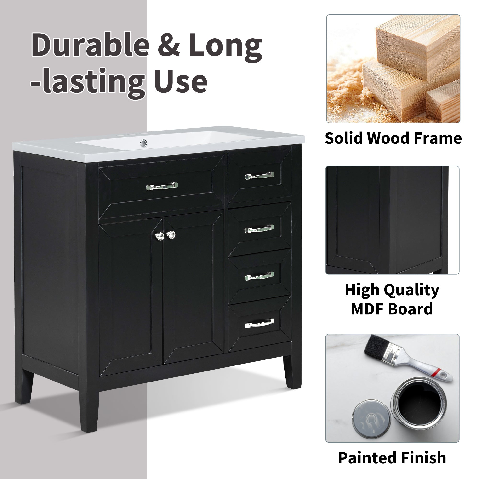 36" Bathroom Vanity with Sink Combo, Black Bathroom Cabinet with Drawers, Solid Frame and MDF Board (Old Sku:JL000007AAB)