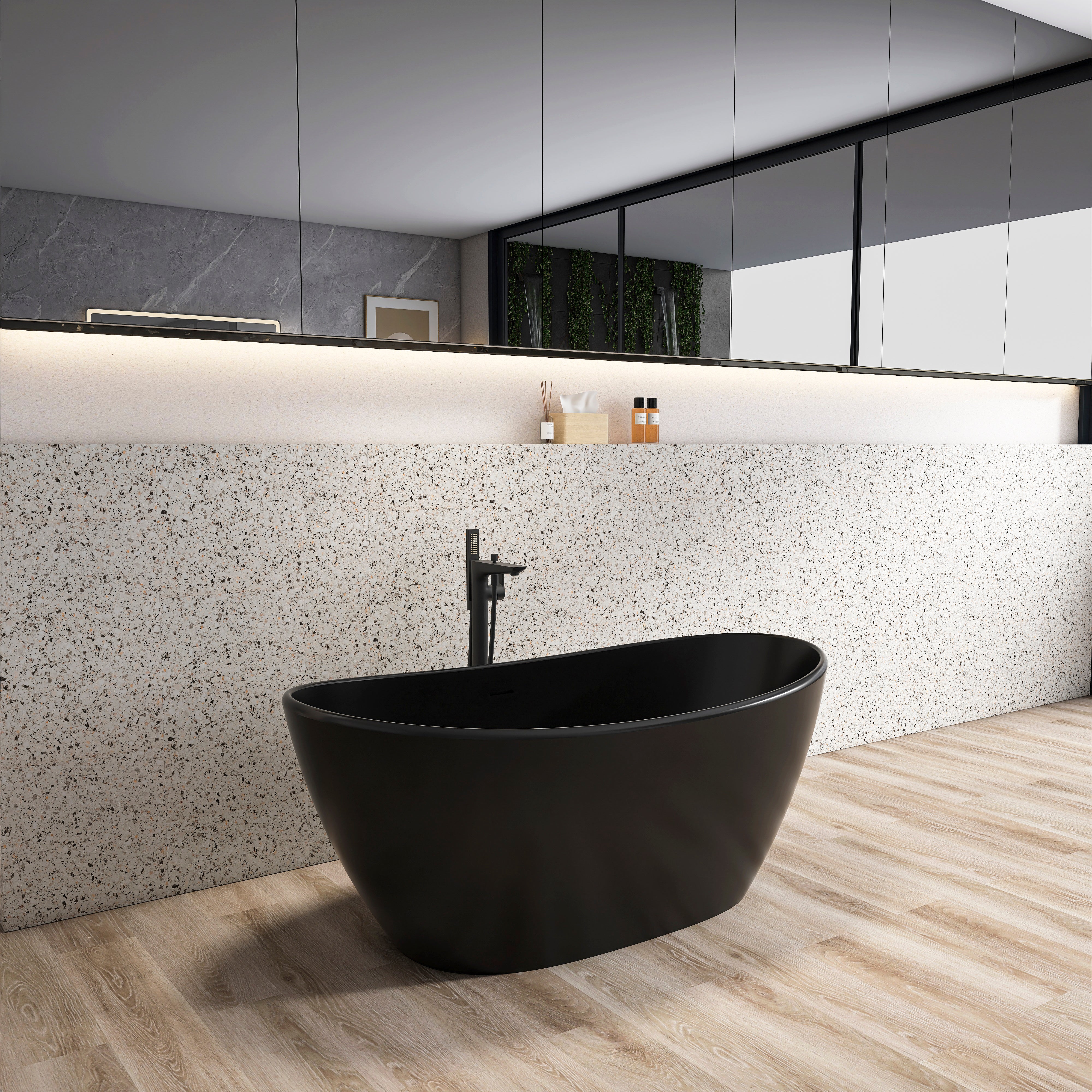 61 inch freestanding solid surface soaking bathtub, angled view