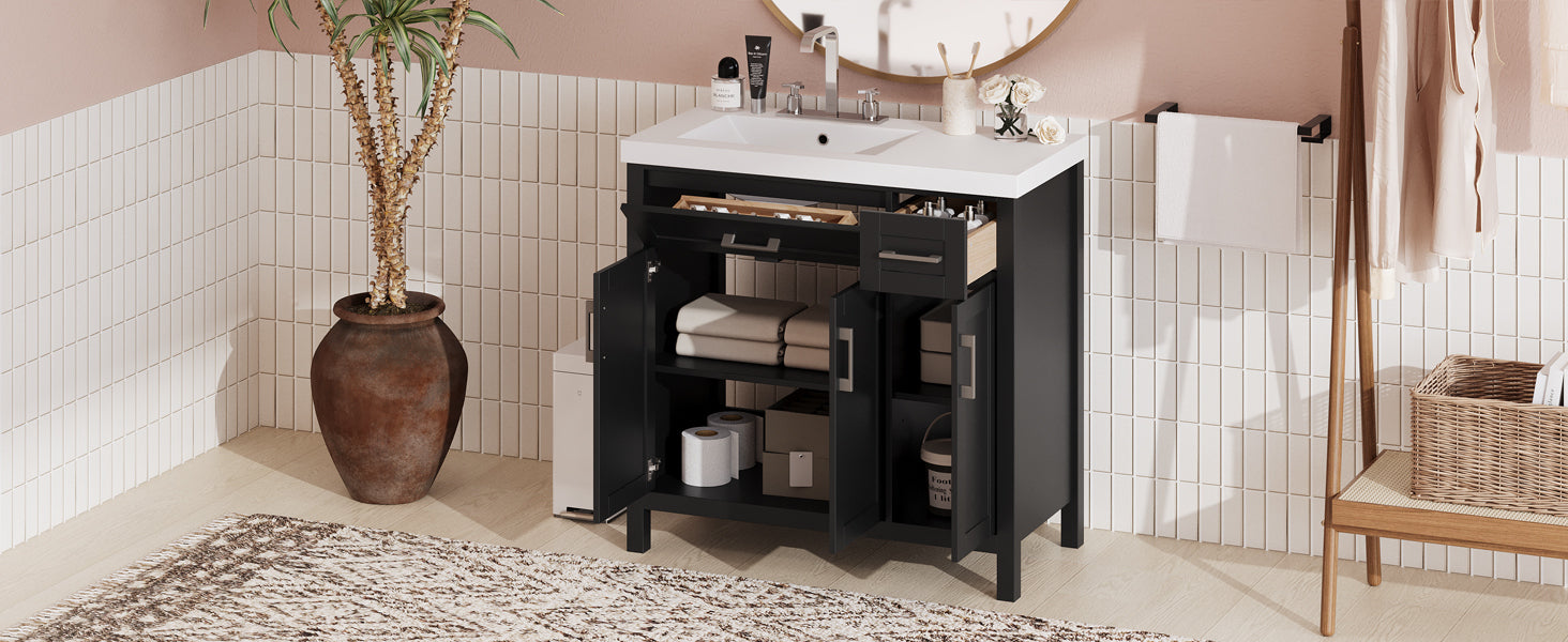 36" Black Bathroom Vanity Cabinet with Resin Integrated Sink - 2 Drawers, 3 Doors