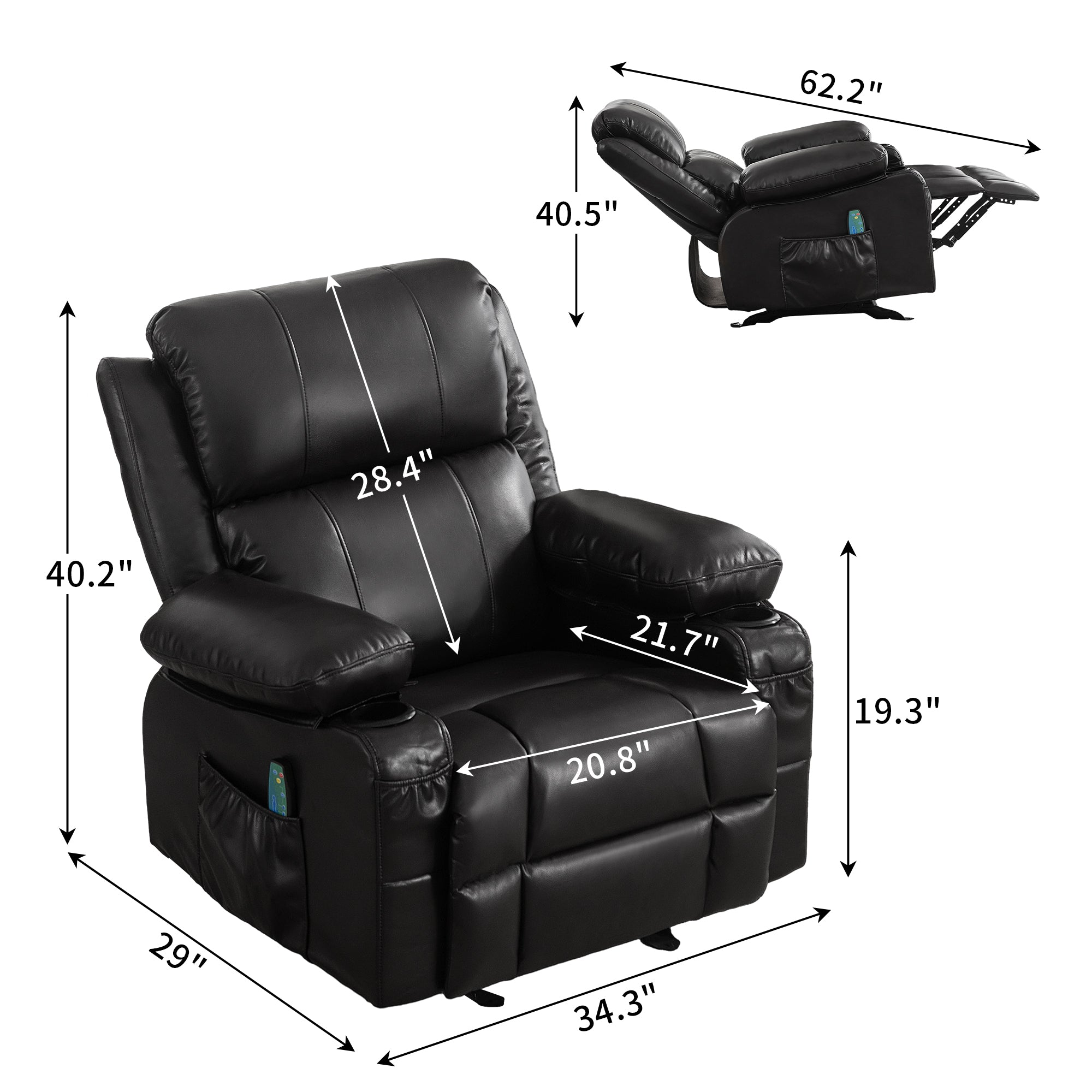 Vanbow.Recliner Chair Rocking Chairs for Adults  with 2 Cup Holders, USB Charge Port Soft Features a Manual Massage and Heat.BLACK