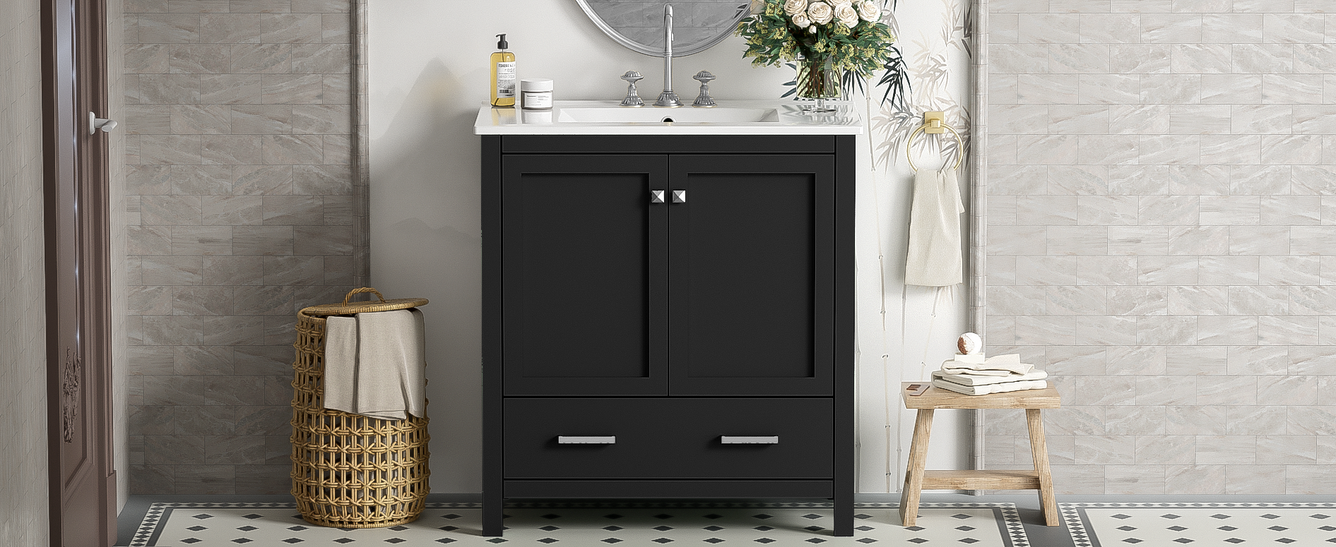 30" Black Bathroom Vanity with Single Sink, Combo Cabinet Undermount Sink, Bathroom Storage Cabinet with 2 Doors and a Drawer, Soft Closing, Multifunctional Storage, Solid Wood Frame