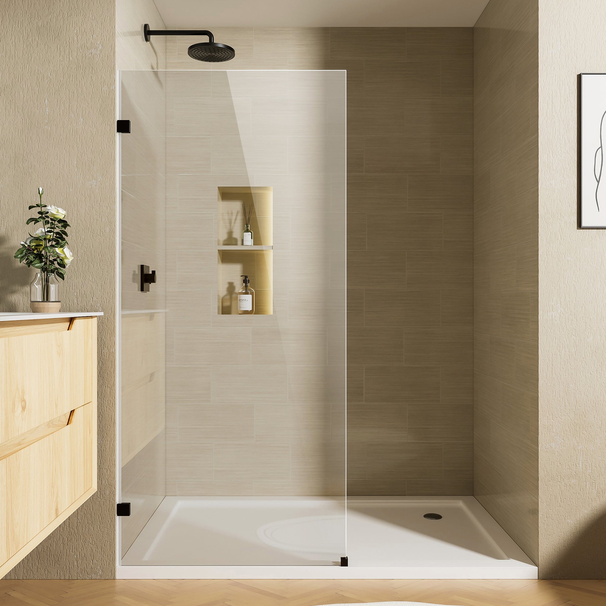 32 x 68 in Frameless Fixed Shower Screen - 32 x 68 in / Matte Black Clamp view 1