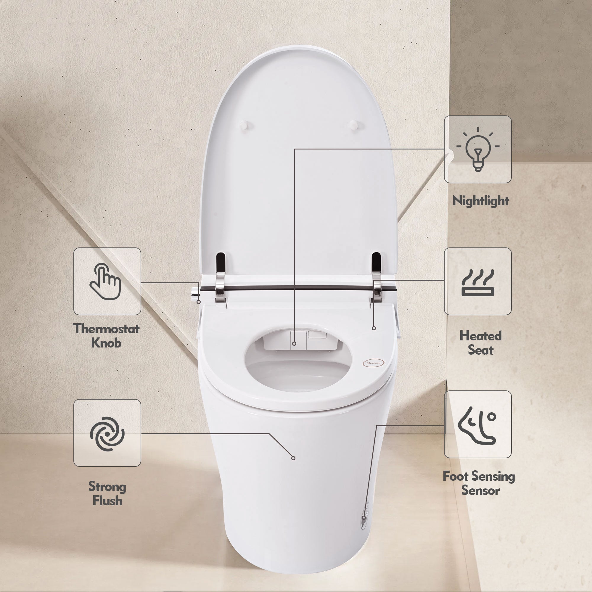 Heated Seat Smart Toilet  without Bidet, Upmarket Compact Dual Flush Toilet 1/1.28 GPF, Tank less toilet with Adjustable Temp Heated Seat, Foot sensor Flush, White Night Light, Knob Control,Auto Flush