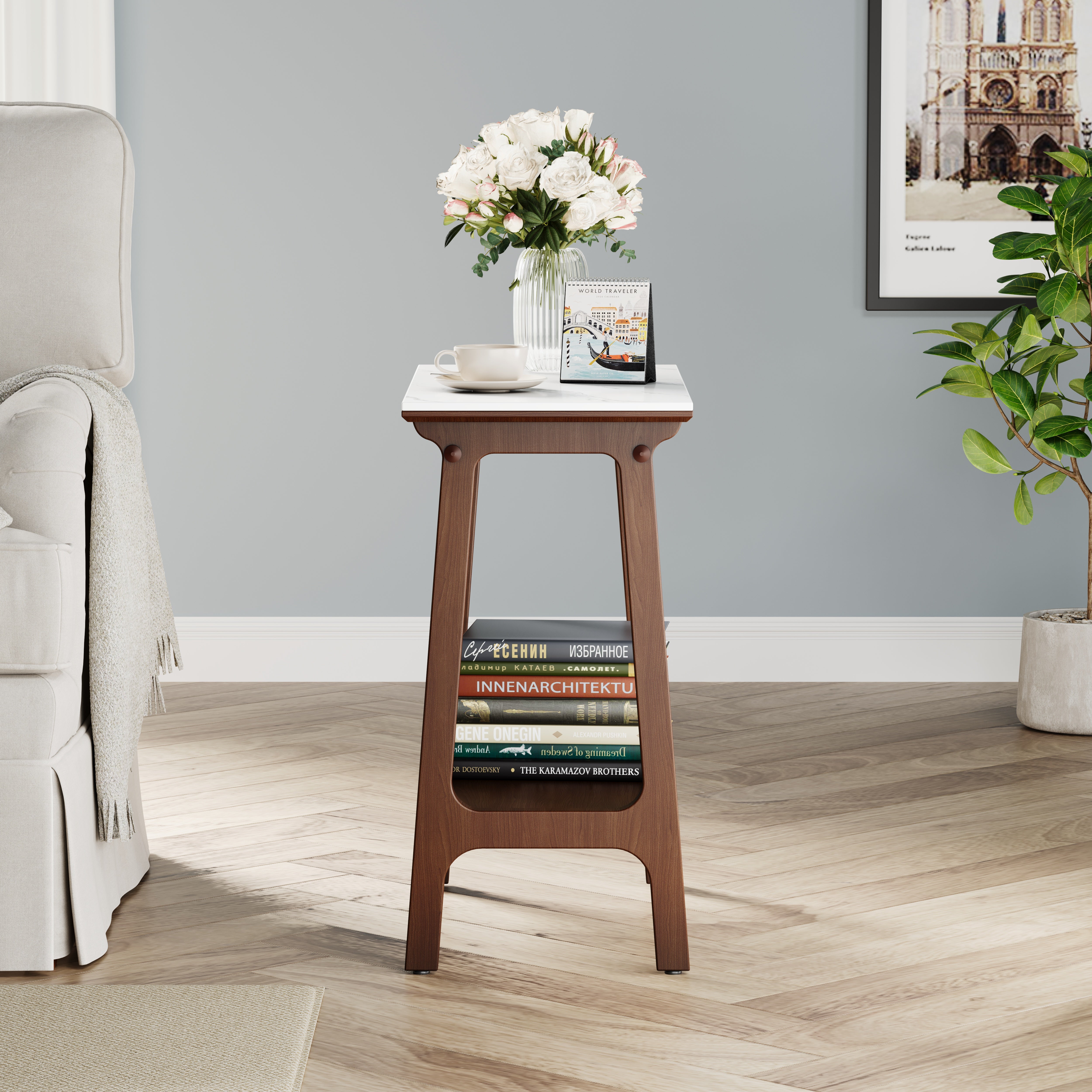 Retro reddish brown slim side table in living room setting