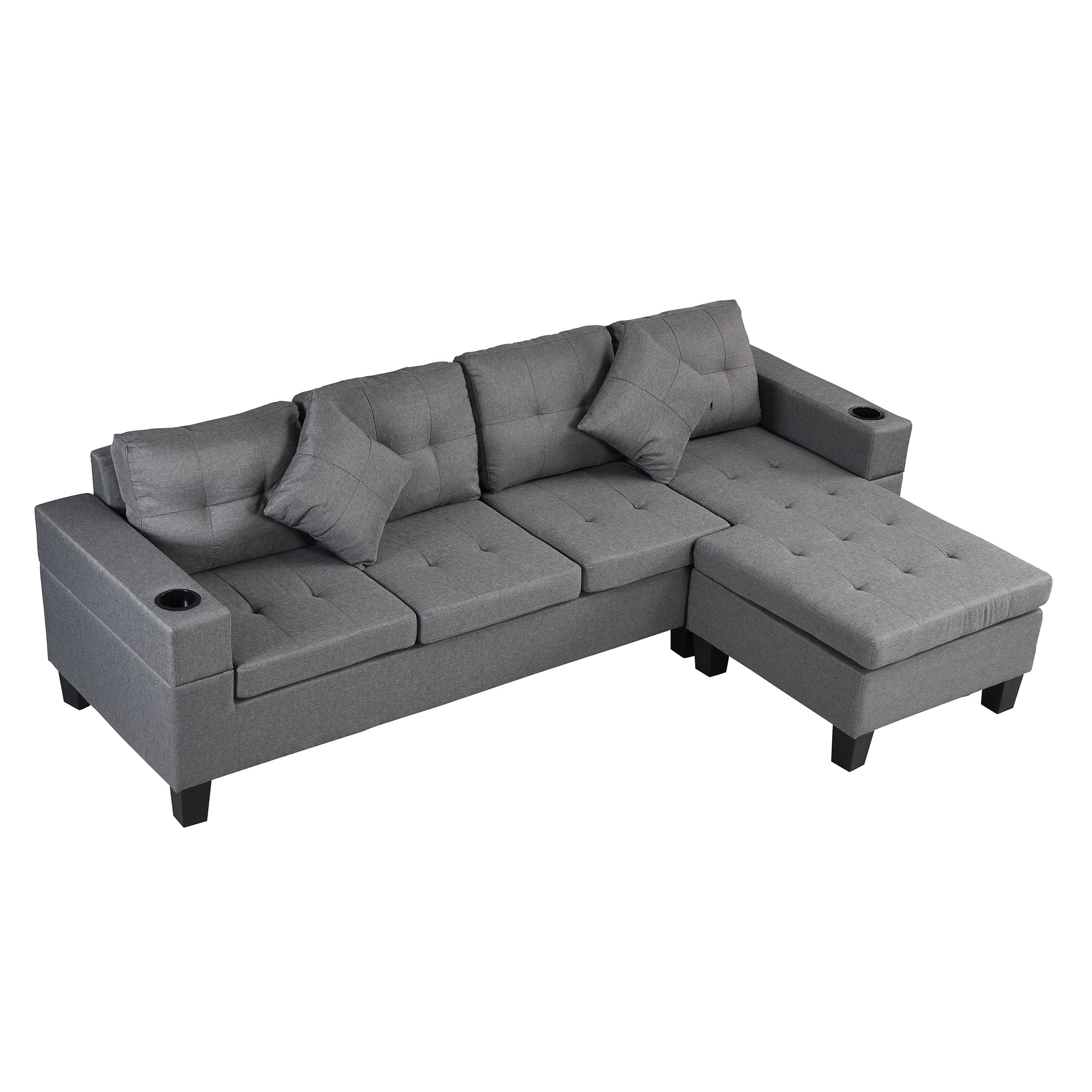 Sectional Sofa Set for Living Room with L Shape Chaise Lounge,cup holder and Left or Right Hand Chaise Modern 4 Seat (FAUX LINEN GREY)