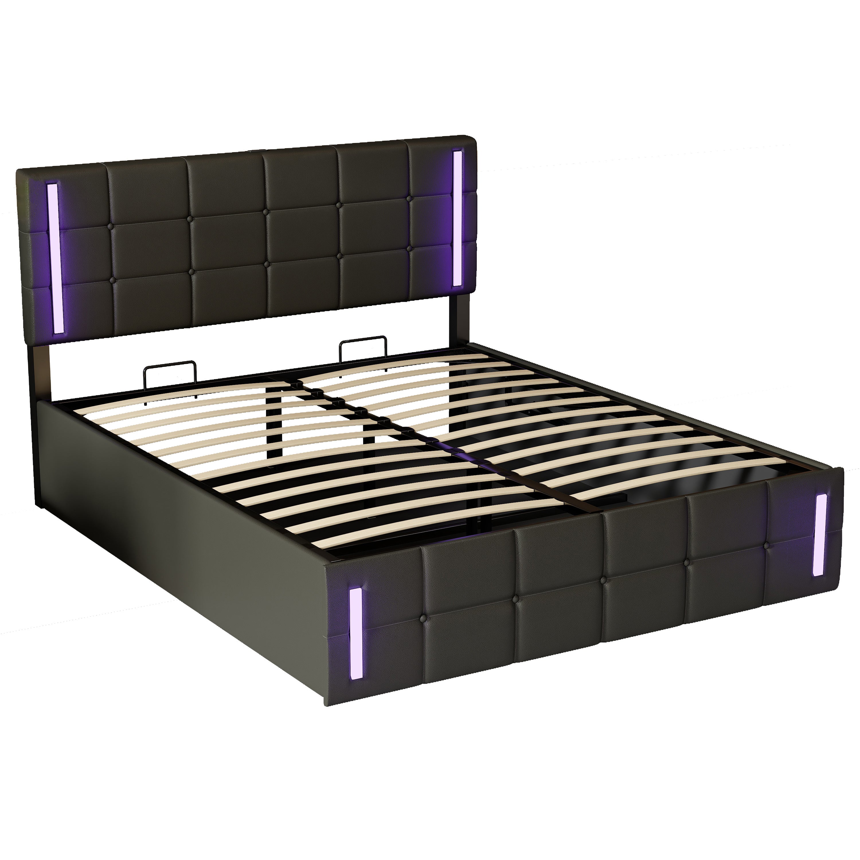 Queen Size Upholstered Bed with LED Lights,Hydraulic Storage System and USB Charging Station,Black