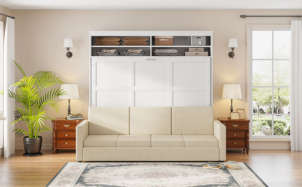 Queen Size Murphy Bed Wall Bed with Sofa,White