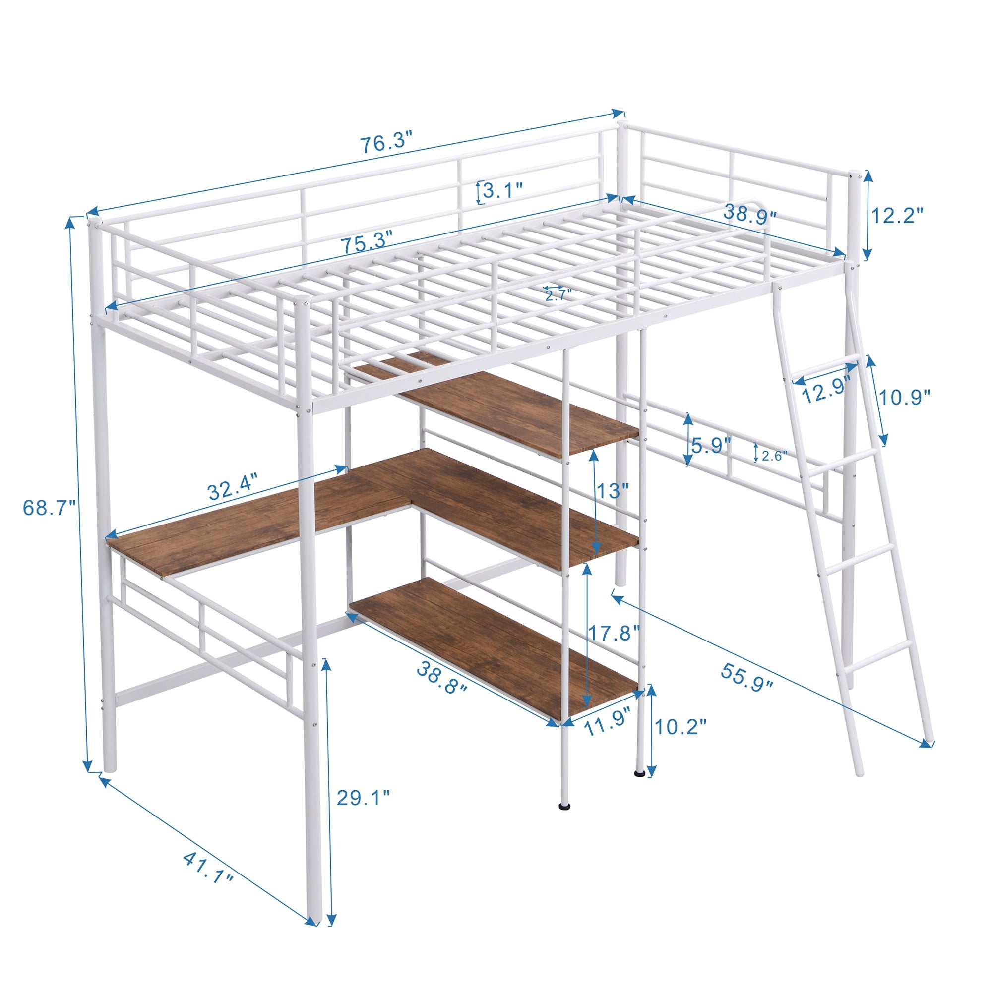 Twin Size Metal Loft Bed and Built-in Desk and Shelves,White(OLD SKU:WF280270AAK)