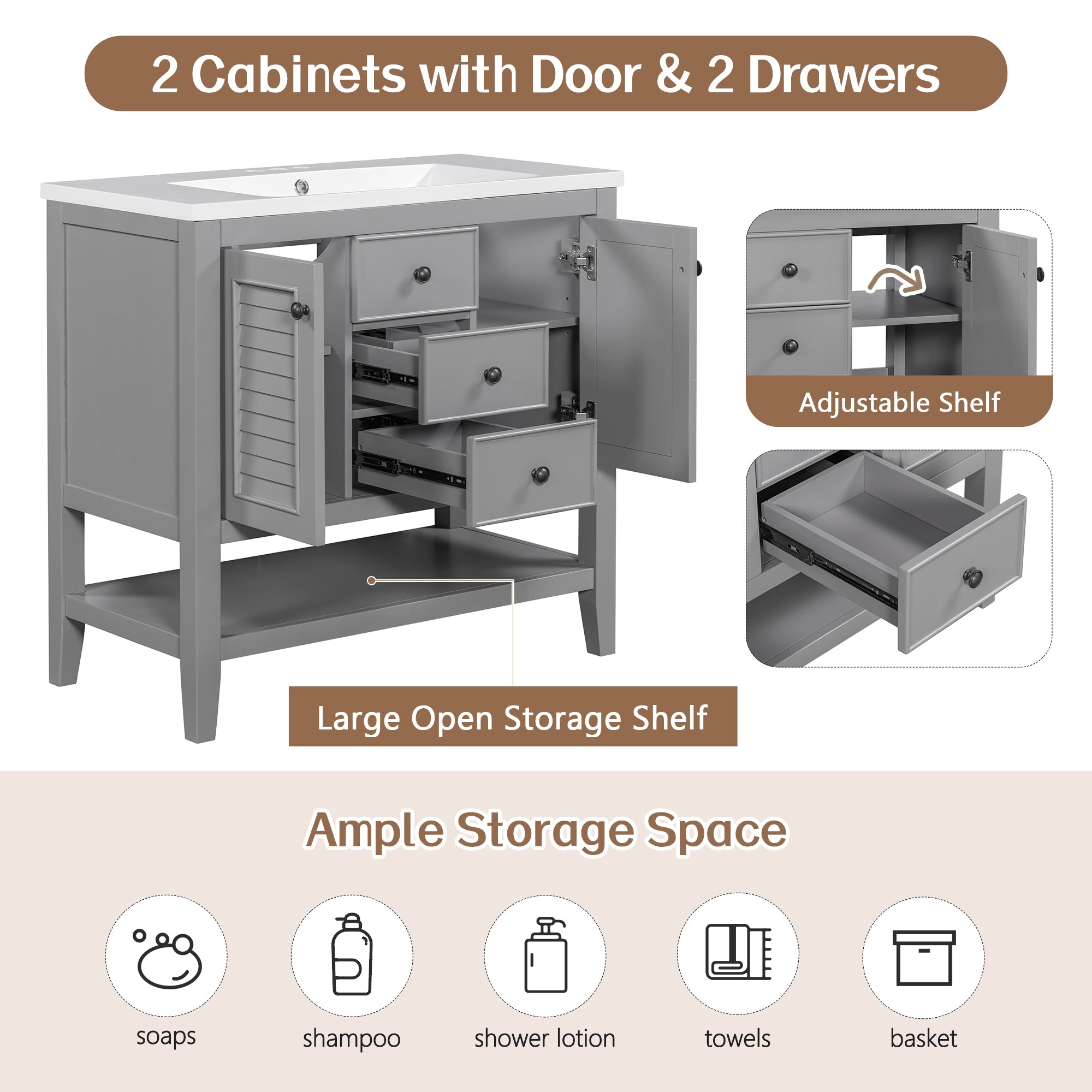 36" Bathroom Vanity with Ceramic Basin, Two Cabinets and Drawers, Open Shelf, Solid Wood Frame, Grey (OLD SKU: SY999101AAE)