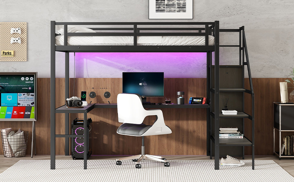 Full XL Size Loft Bed with L-shaped Desk and USB, Metal Loft Bed with Wardrobe and Adjustable Shelf, High Loft Bed with LED for Kids Teens Adults, Black(Expect Arrive 2024/10/10)