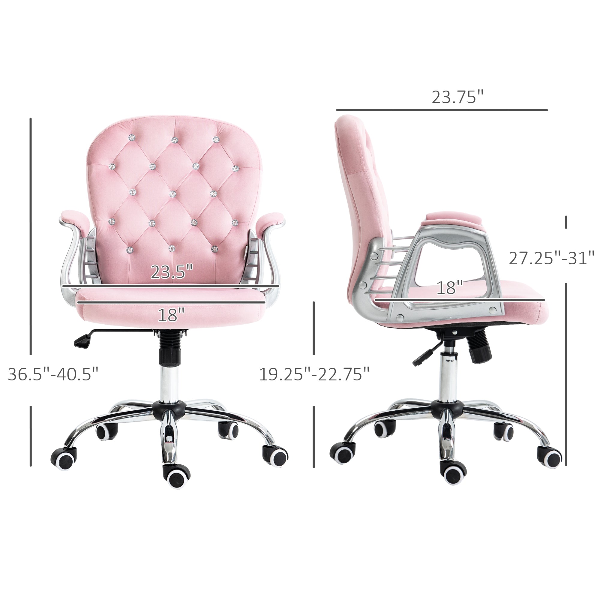 Vinsetto Velvet Home Office Chair, Button Tufted Desk Chair with Padded Armrests, Adjustable Height and Swivel Wheels, Pink