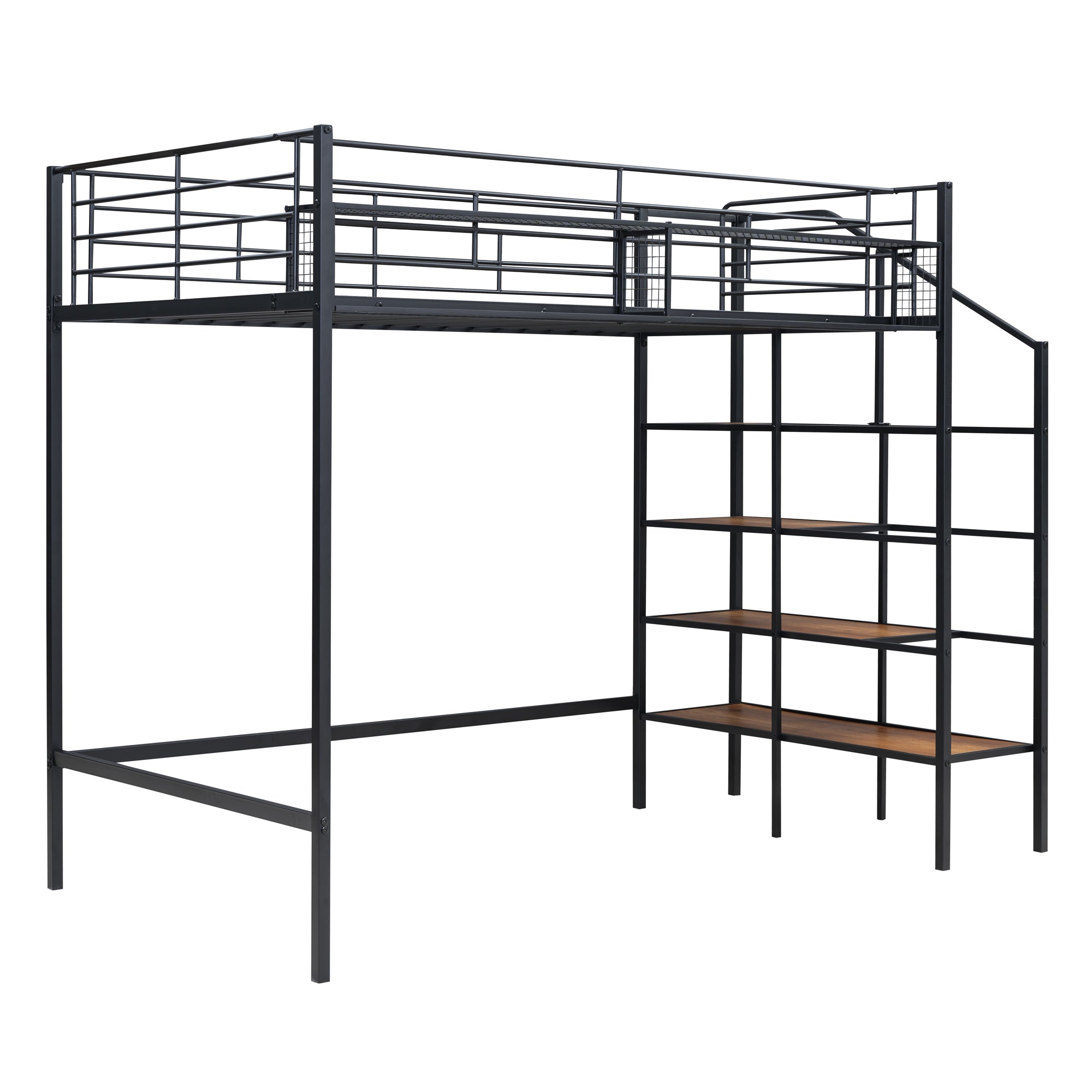 Twin Size Metal Loft Bed with Upper Grid Storage Shelf and Lateral Storage Ladder, Black