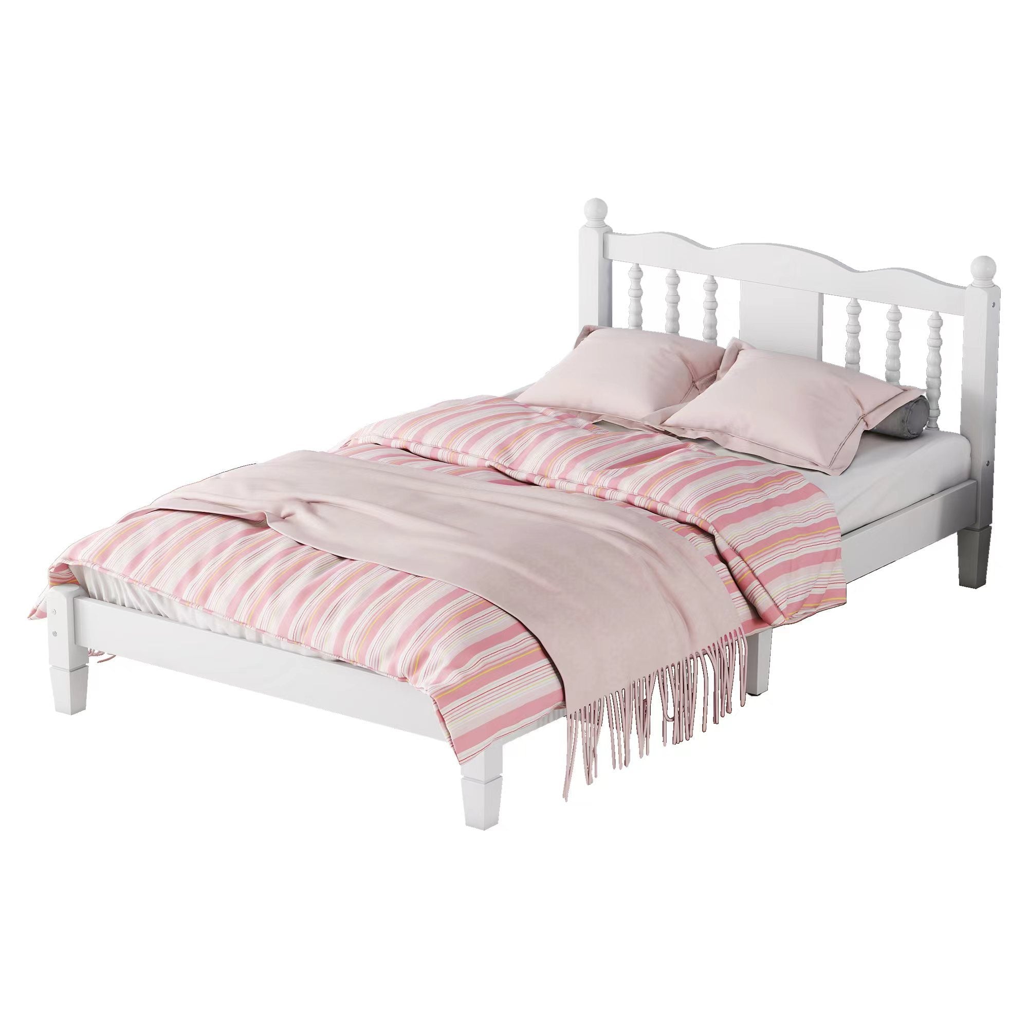 Twin Bed with Column-Decoration Headboard, with Bed Slats,White