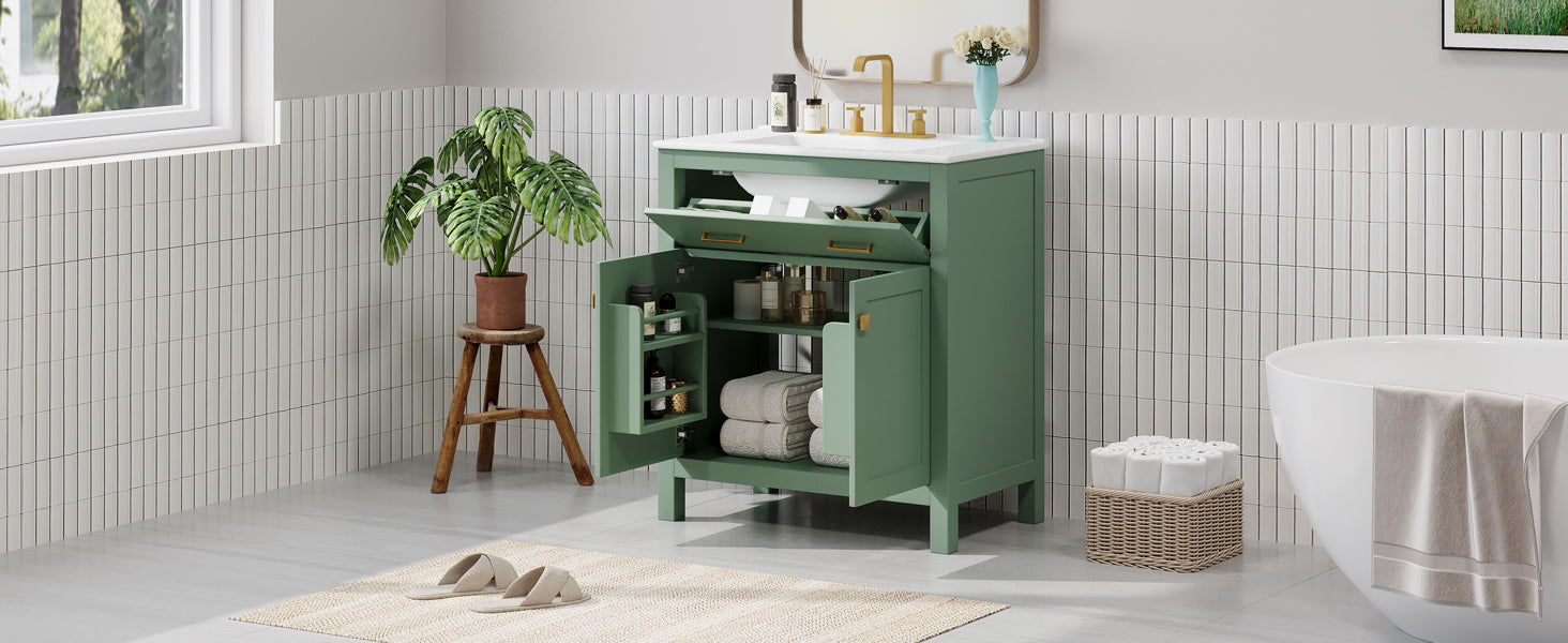 30-inch Bathroom Vanity with Ceramic Sink, Modern Green Single Bathroom Cabinet with 2 Doors and a Shelf, Soft Close Doors