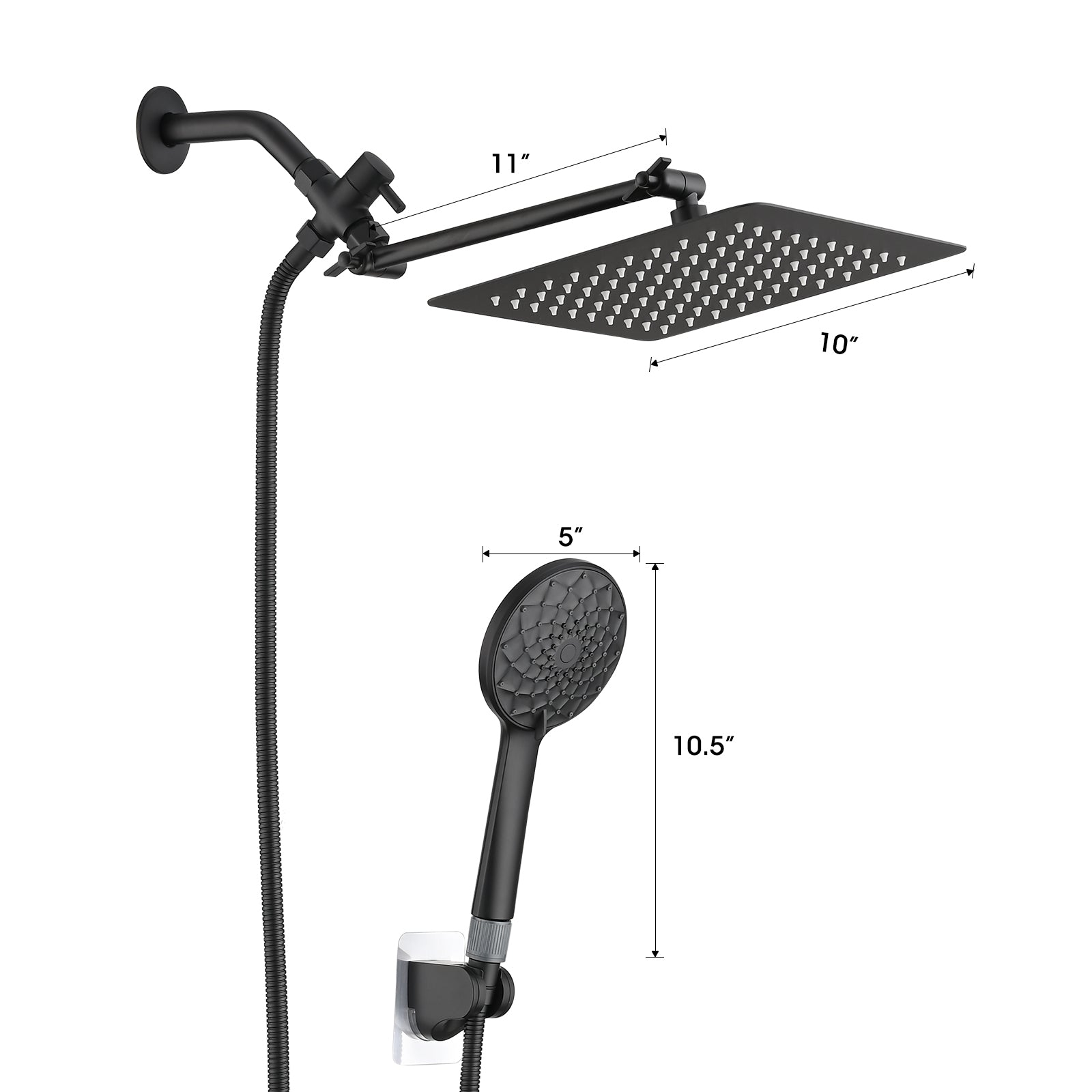 Shower Head, 10 Inch High Pressure Rainfall Shower Head/Handheld Shower Combo with 11 Inch Extension Arm, 6 Settings Adjustable Anti-leak Shower Head with Holder/Hose, Height/Angle Adjustable