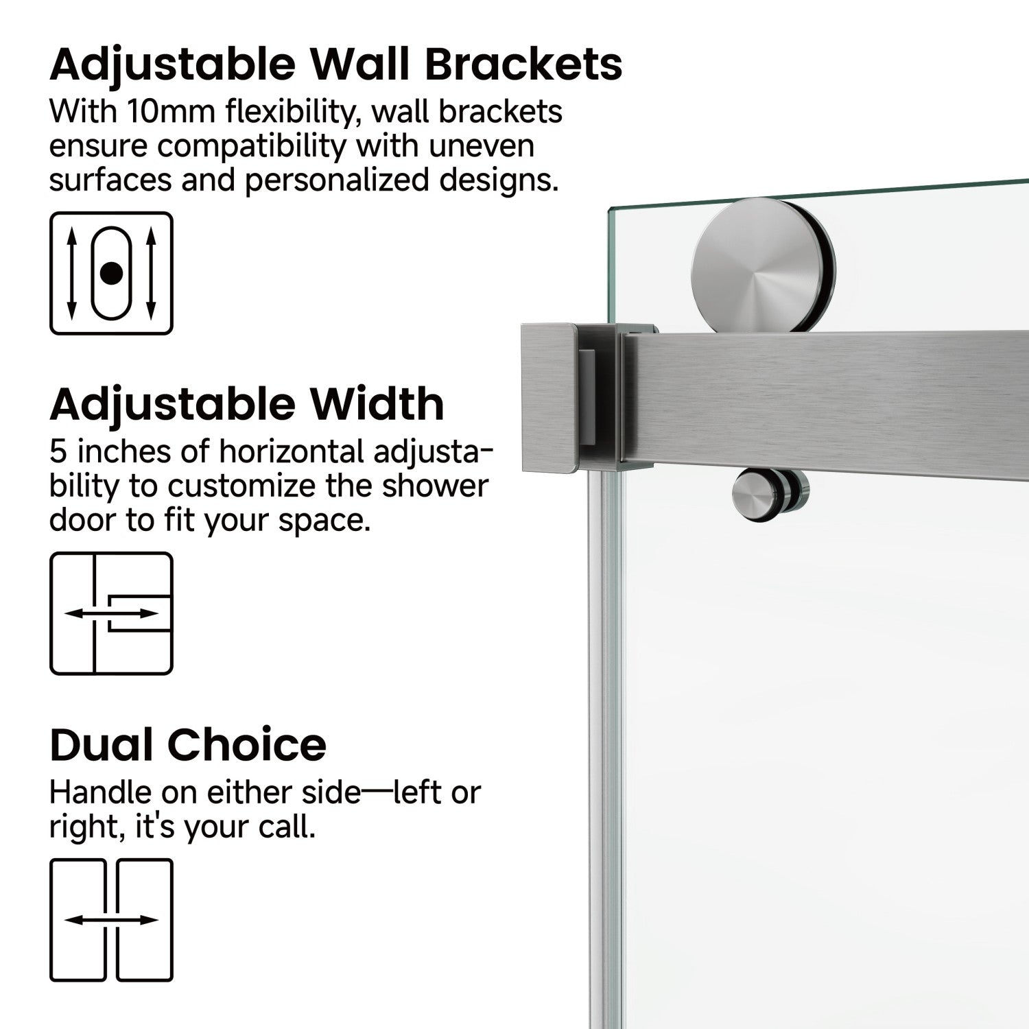 Frameless sliding shower door 60x79 inch brushed nickel roller detail
