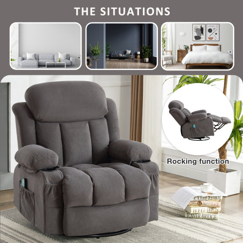 Swinging recliner massage heated sofa, with USB and 2 cup holders in side pockets, PackageA+B (GREY )