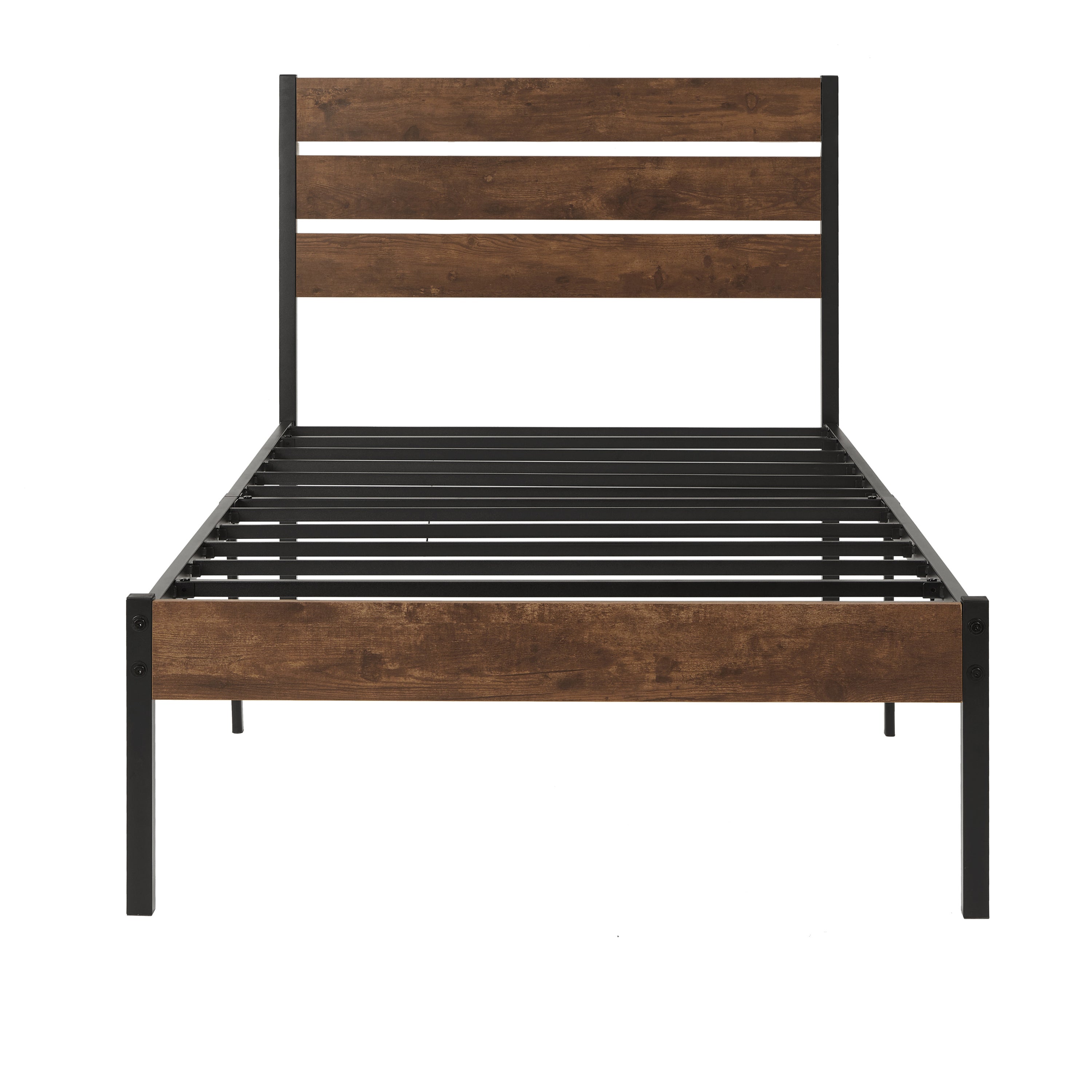 Twin Size Bed Frame with Wood Headboard, Metal Frame with Strong Slats, Noise Free,No Box Spring Needed-Brown