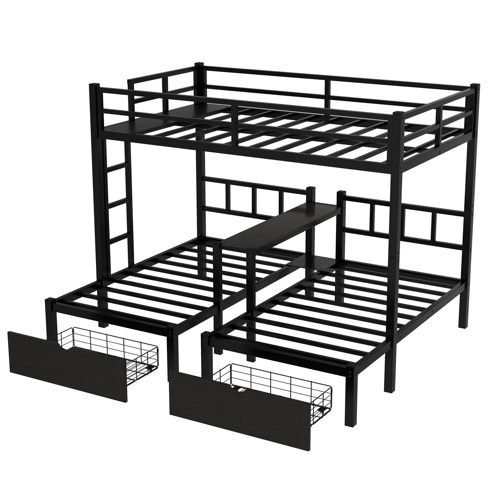 FULL XL Over Twin & Twin Triple Bunk Bed with Drawers, Multi-functional Metal Frame Bed with desks and shelves in the middle, Black