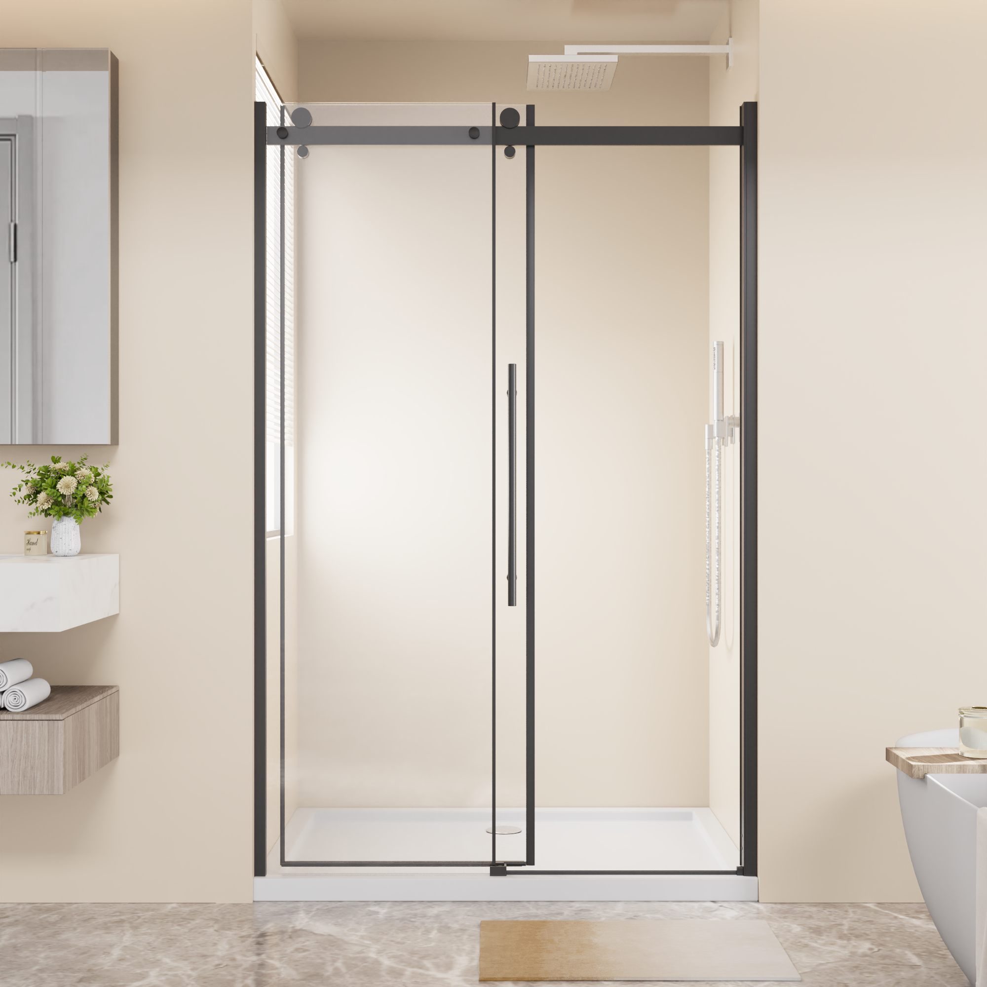 48 x 72 in Frameless Single Sliding Shower Door - 48 x 72 in / Matte Black / Zinc Roller view 3