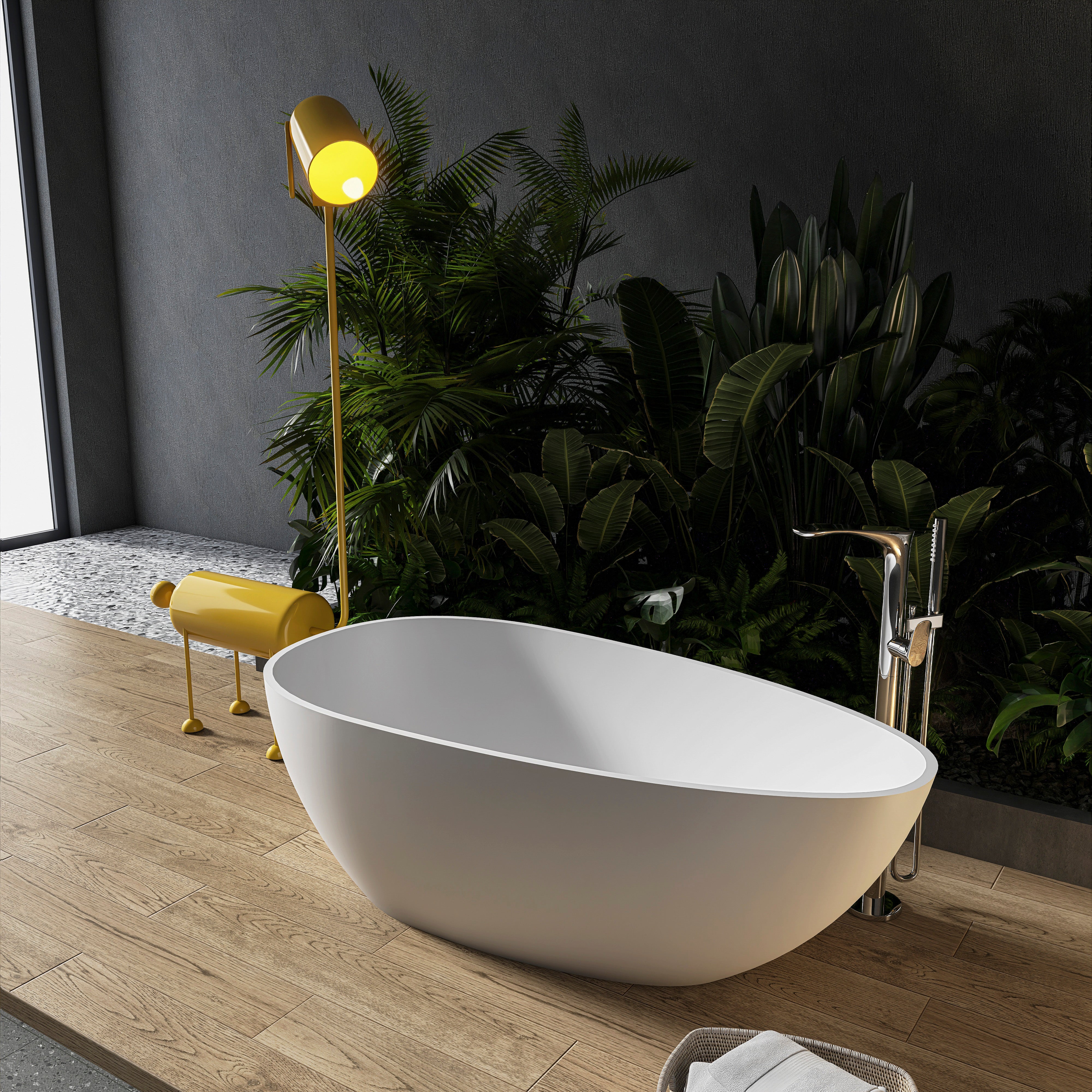 Freestanding egg shape solid surface bathtub 59 inch white angled view
