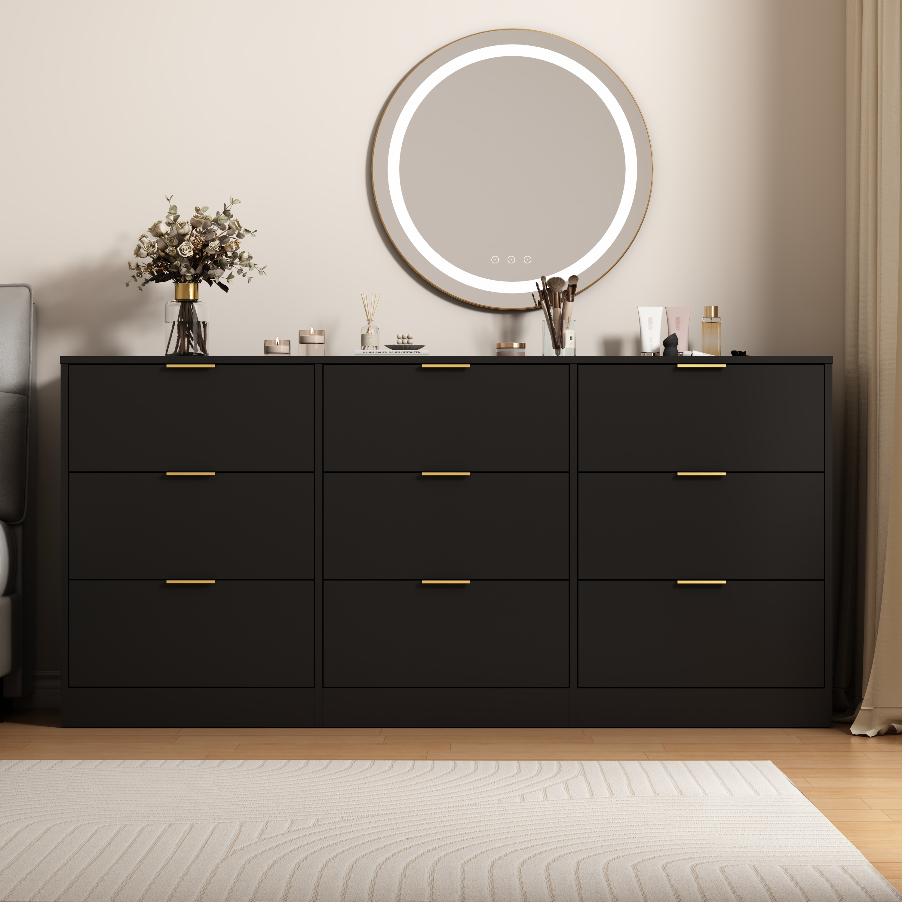 Black 9-drawer wooden dresser, 63 inch, angled view