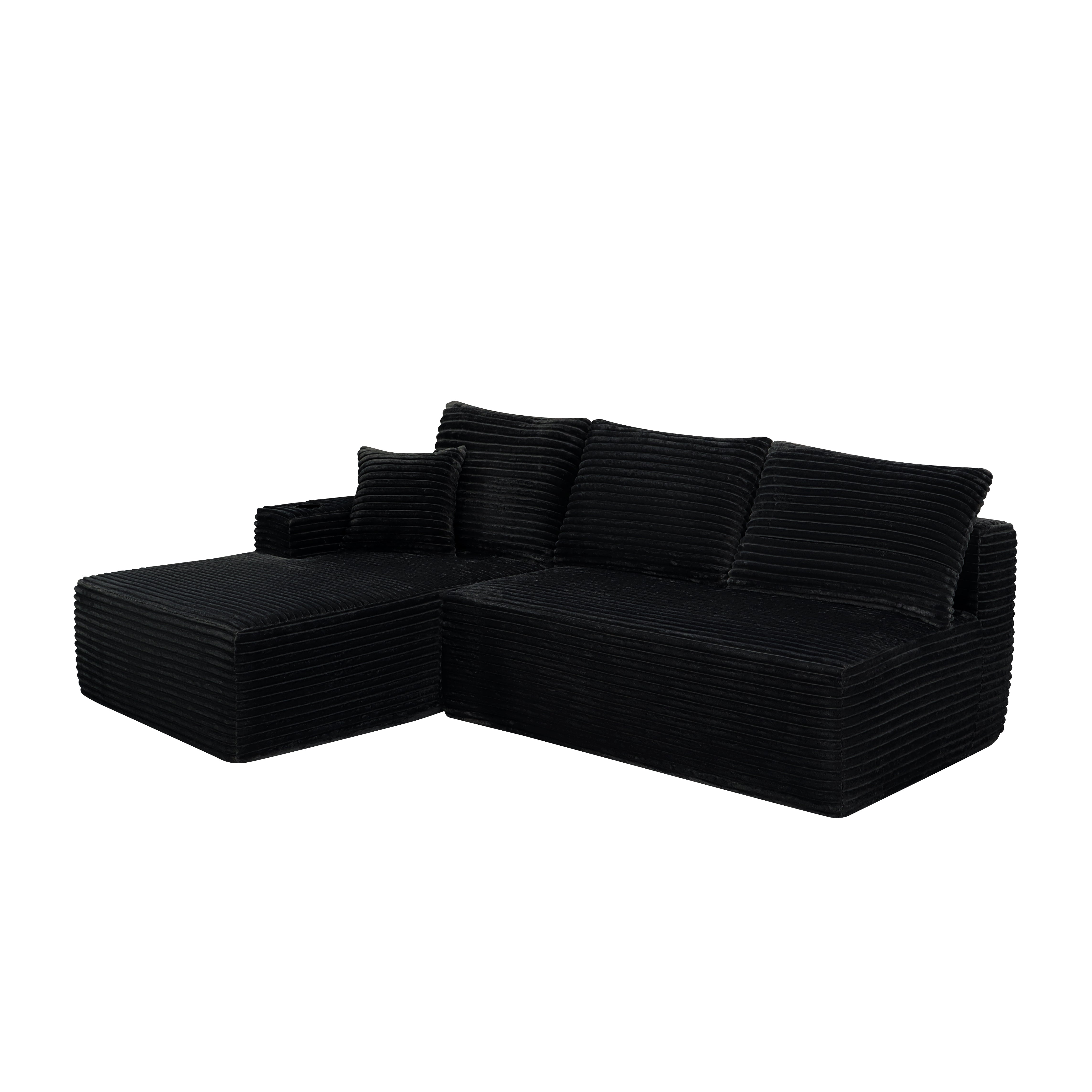 Black modular sofa deep seat plush fabric side view